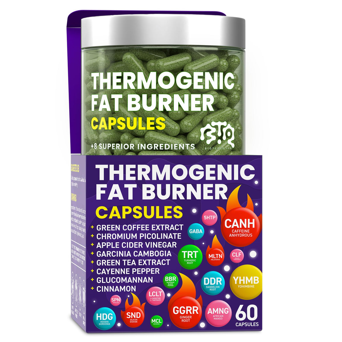 BIOTEQUELAB Fat Burner Supplement front view with capsule bottle