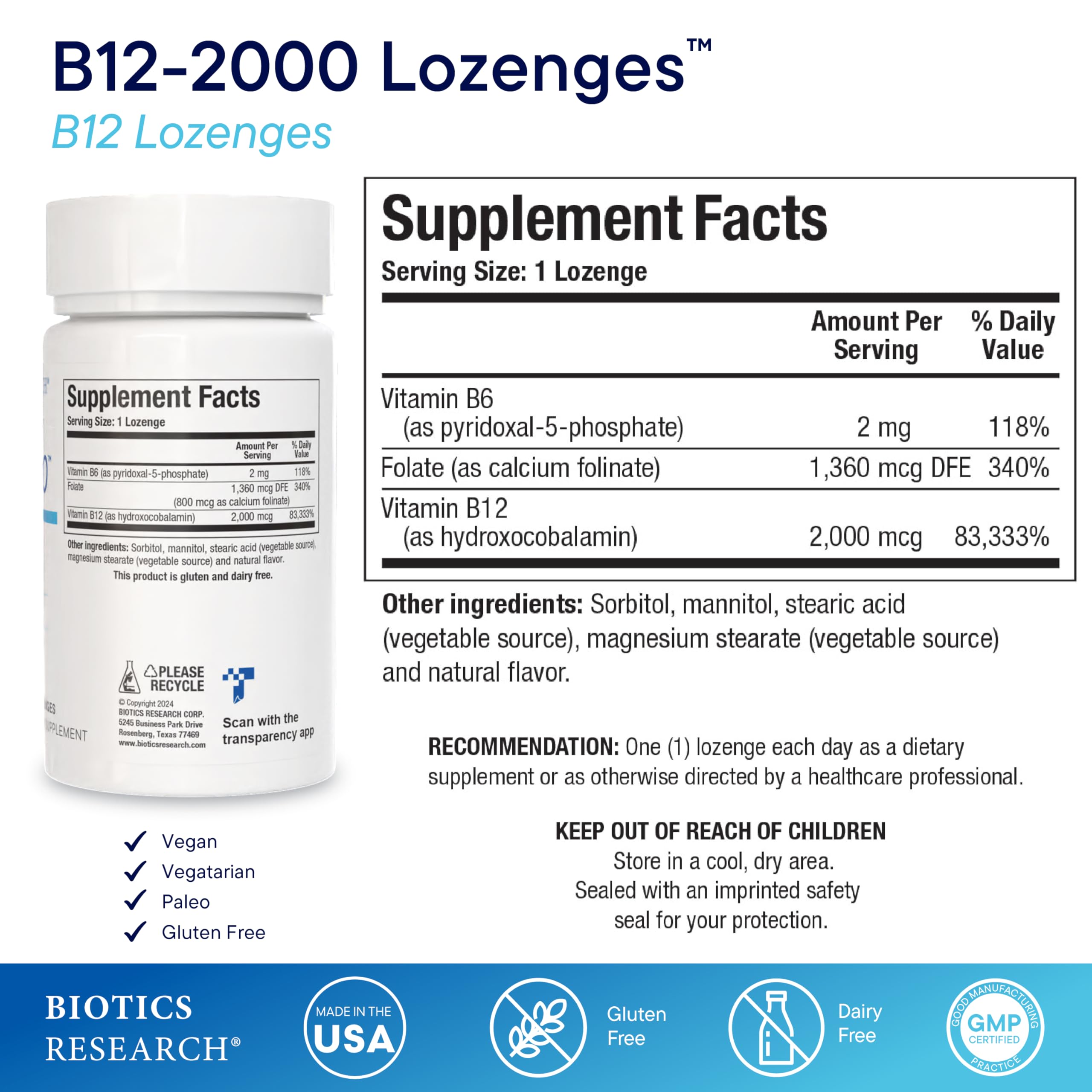 BIOTICS RESEARCH B12 Lozenges back view with ingredient list