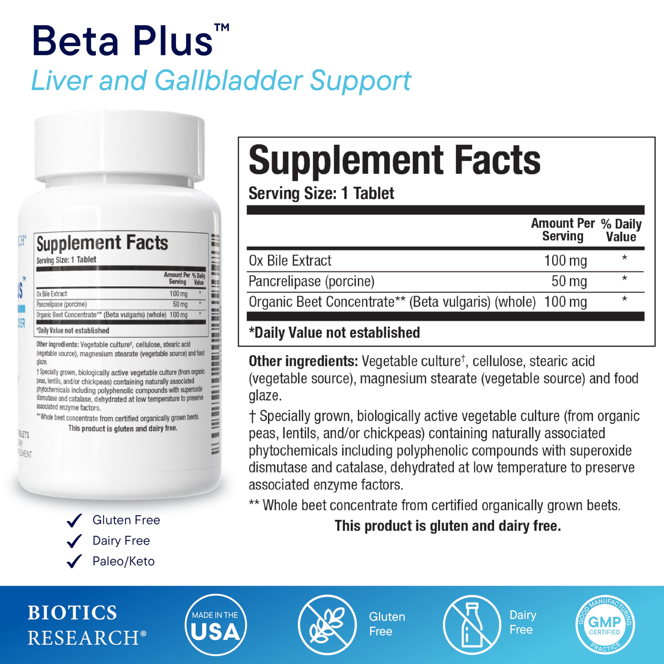 BIOTICS RESEARCH Beta-Plus supplement bottle side view