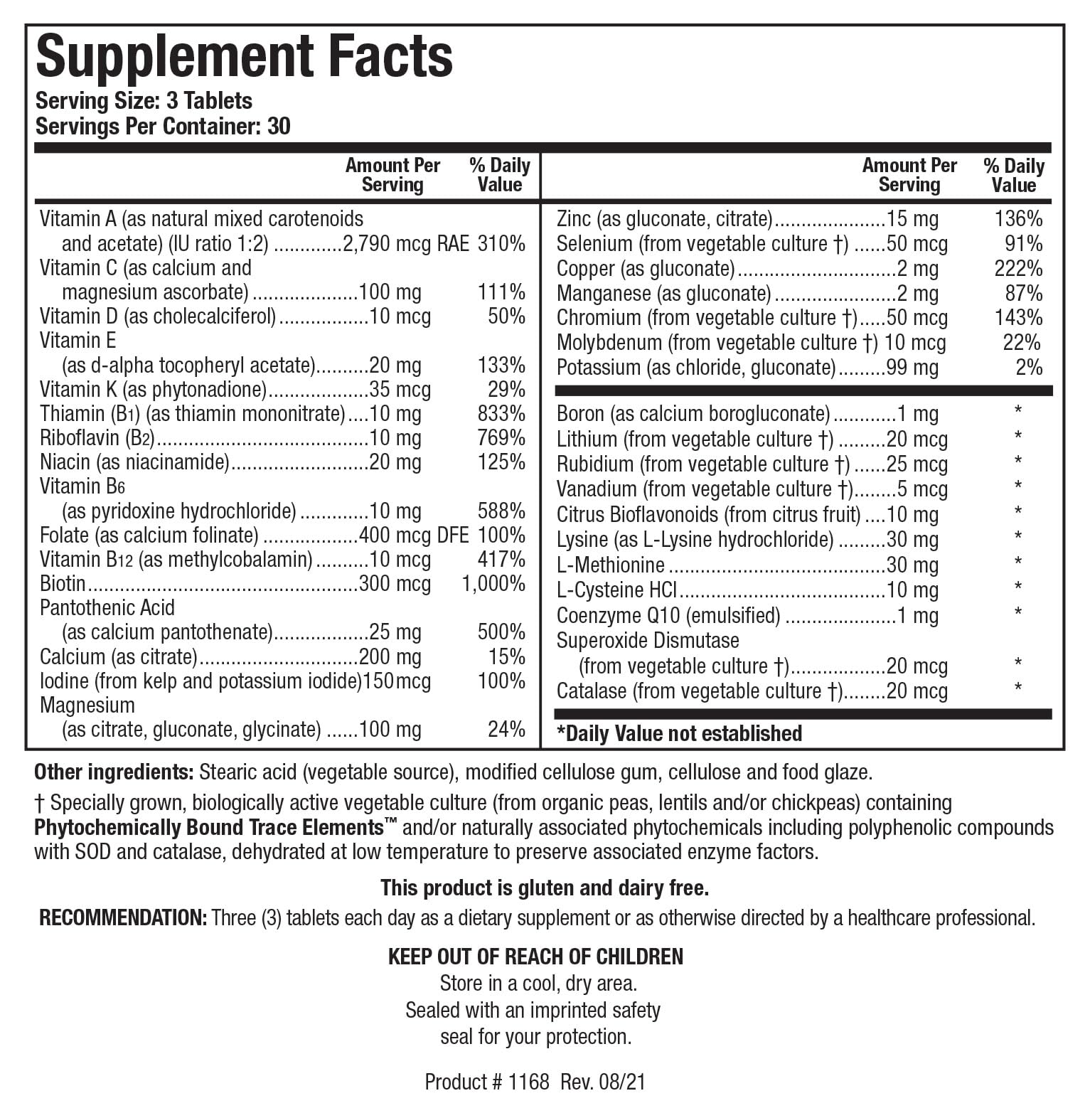 BIOTICS RESEARCH Bio-Multi Plus (Iron Free) 141g supplement back view