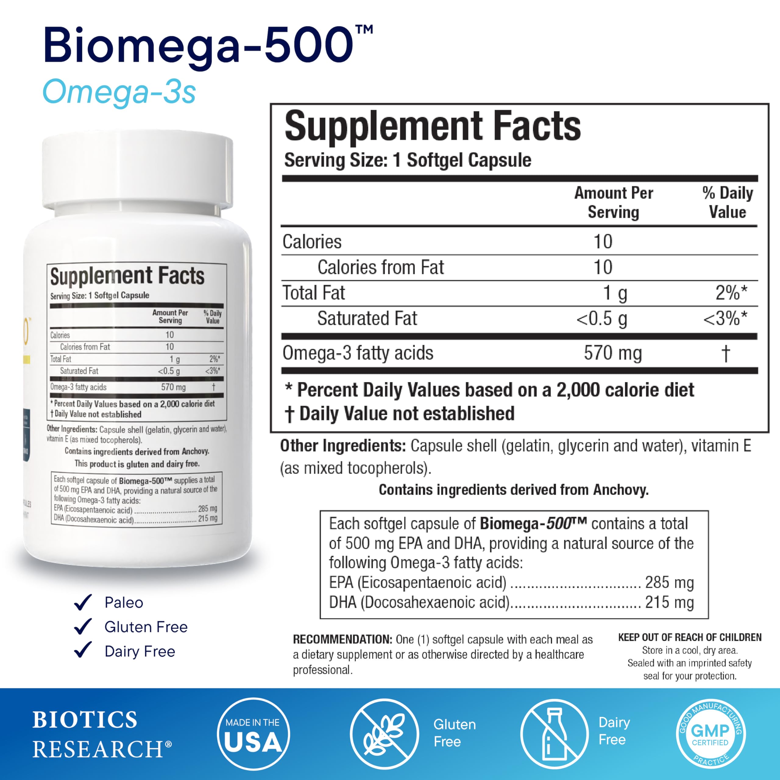 BIOTICS RESEARCH Biomega-500 Omega-3 Capsules side view