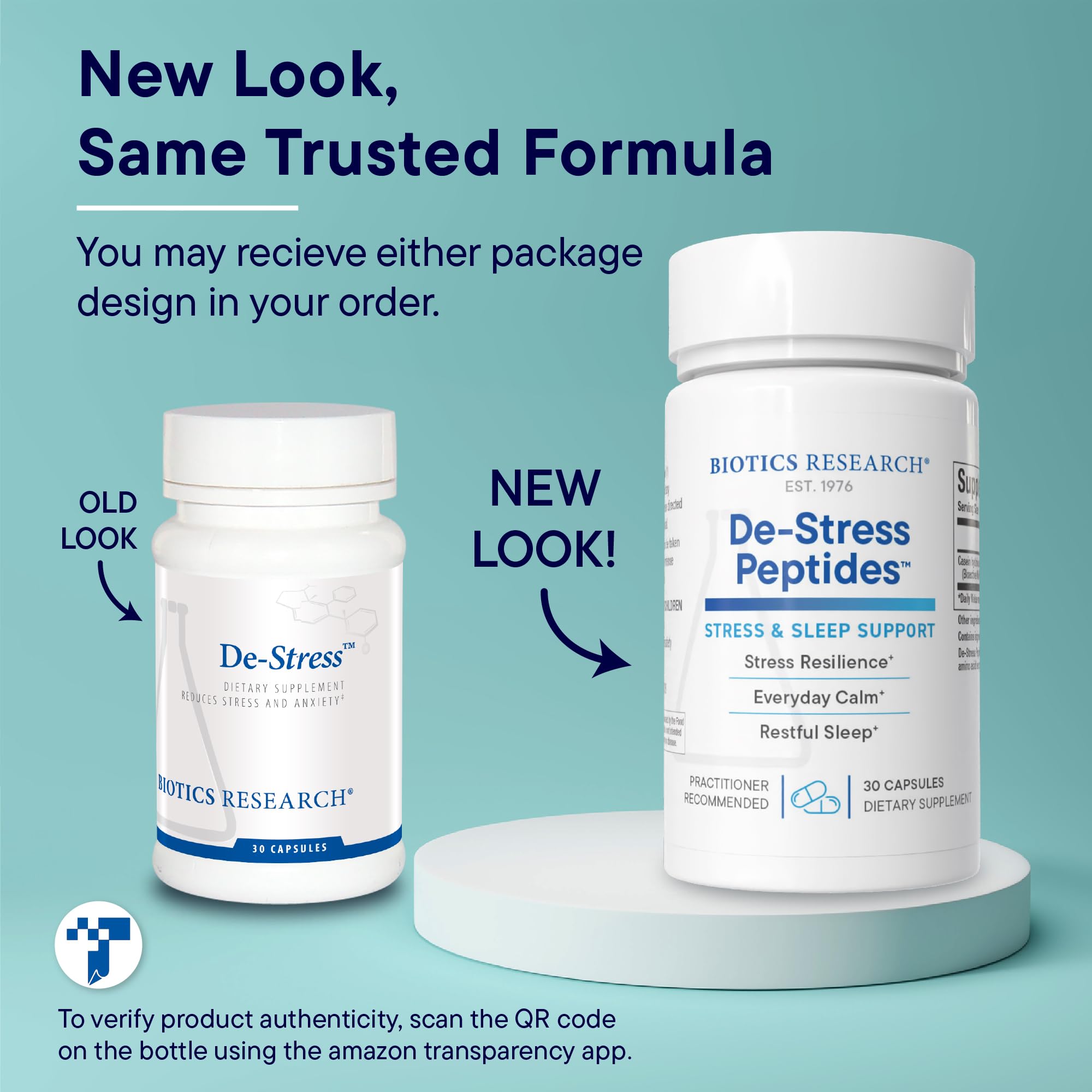 BIOTICS RESEARCH De-Stress™ Hydrolysate Capsules on a wooden table