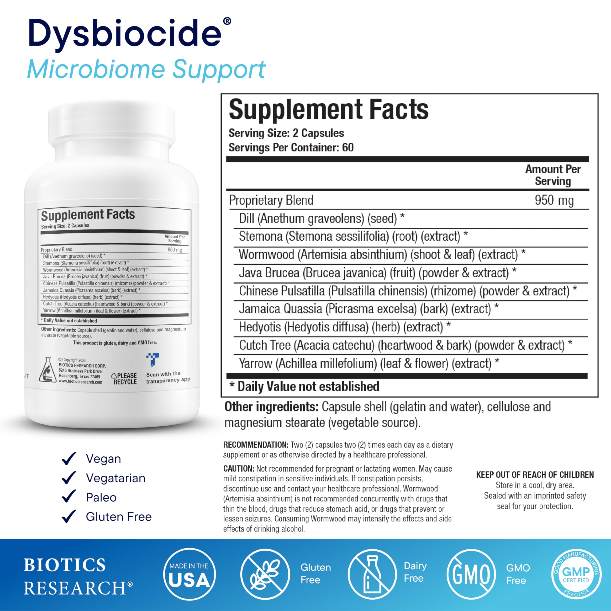 BIOTICS RESEARCH Dysbiocide Herbal Supplement side view