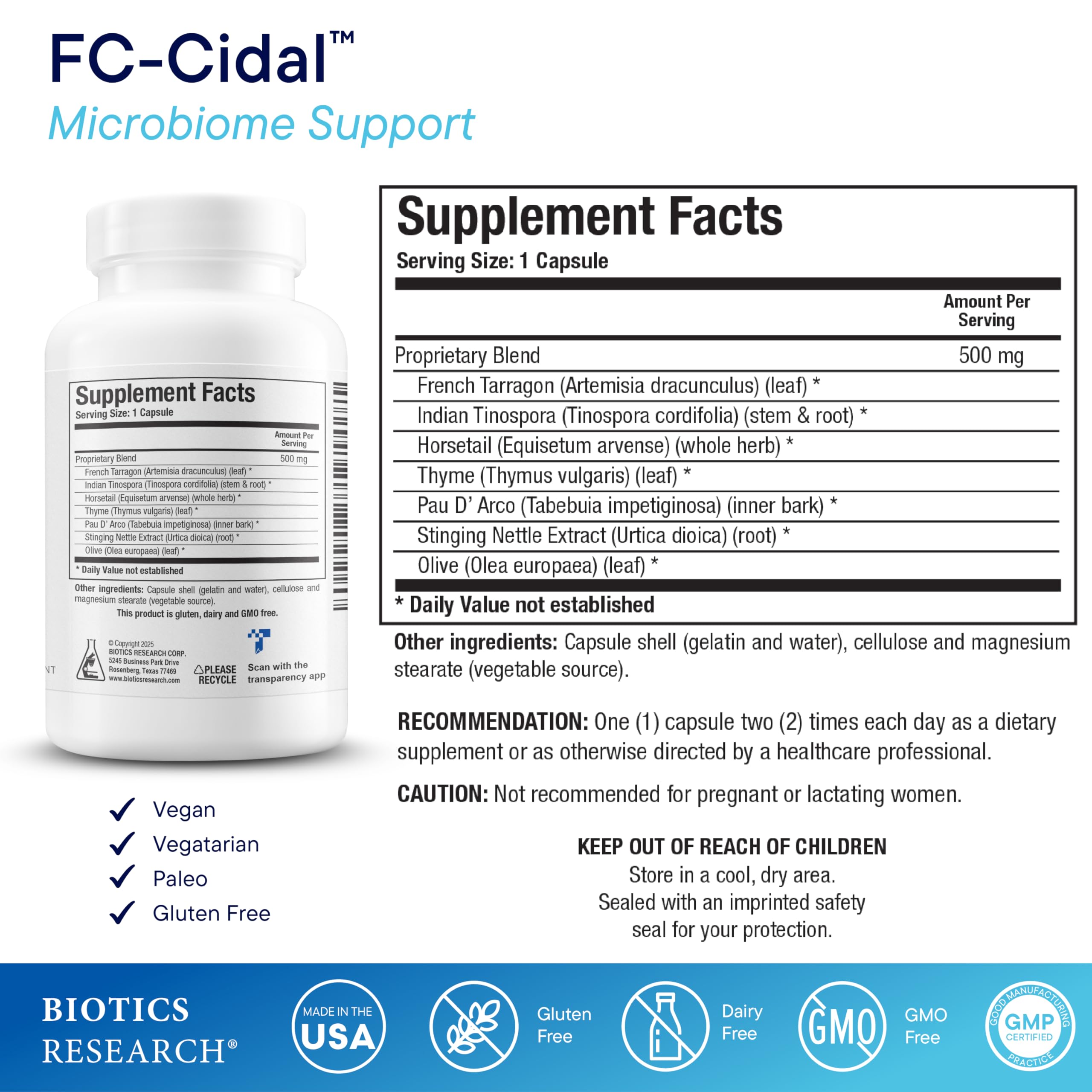 BIOTICS RESEARCH FC-Cidal Herbal Supplement 500mg capsule side view