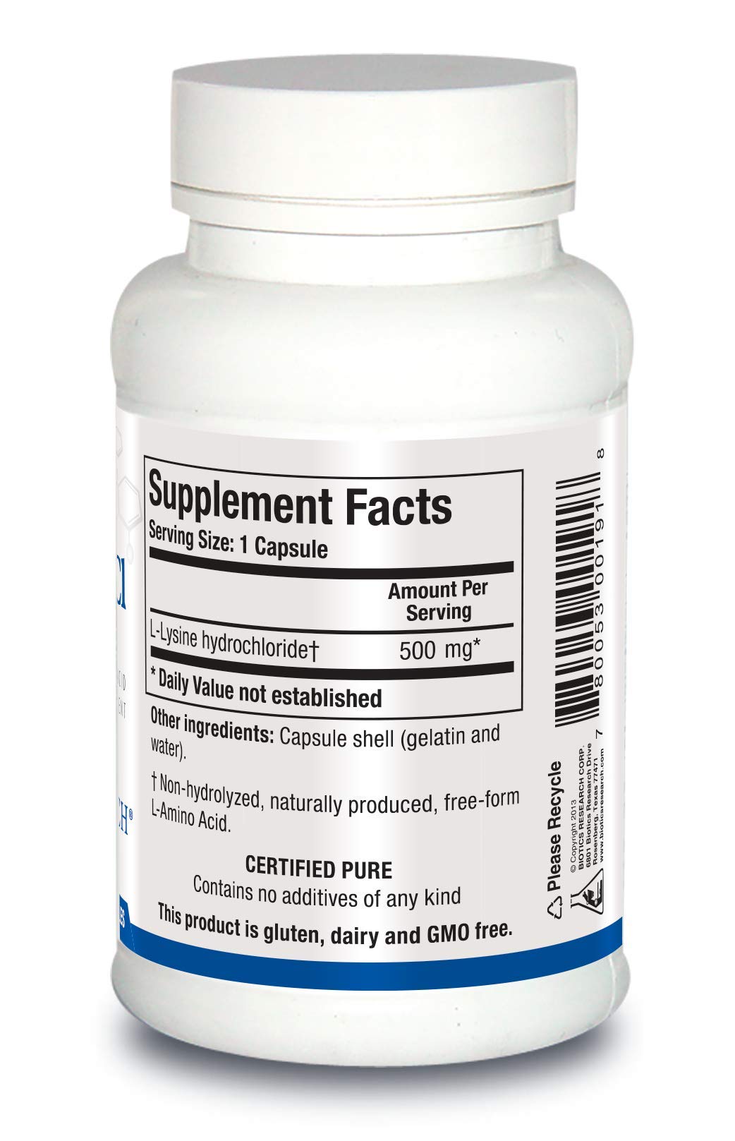 BIOTICS RESEARCH L-Lysine HCI 500mg capsules back view