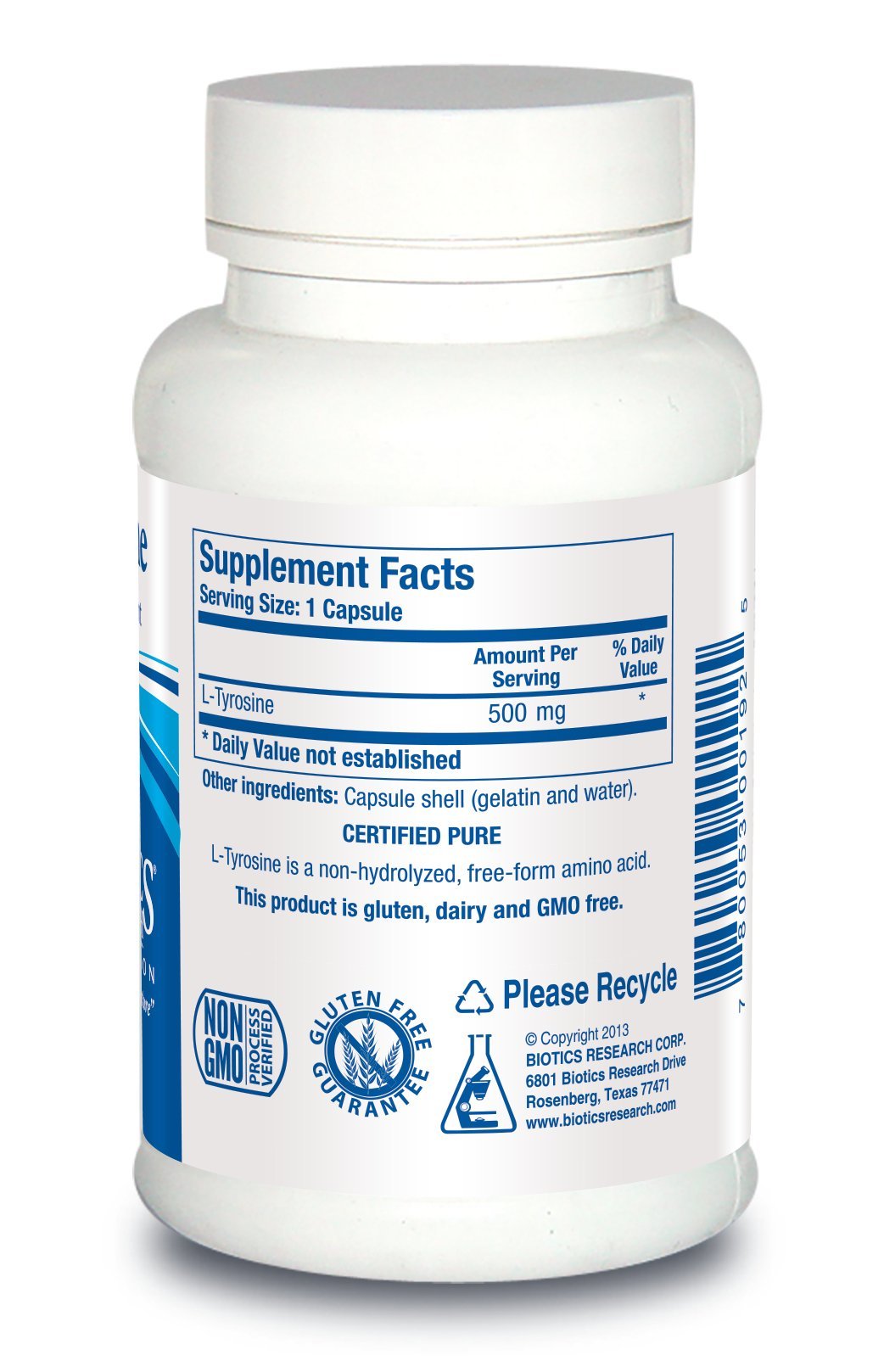 BIOTICS RESEARCH L-Tyrosine Capsules side view showing label