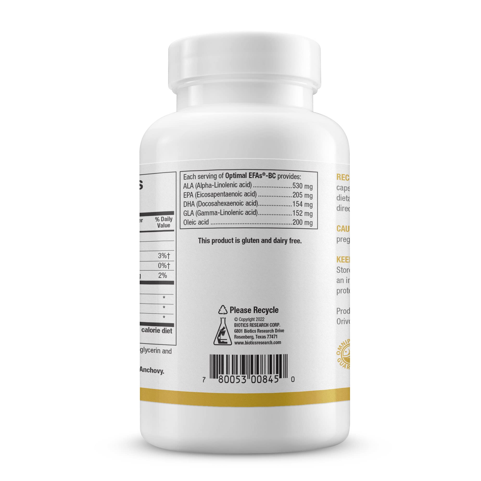 BIOTICS RESEARCH Optimal EFAs-BC Omega-3 Softgels with dosage details