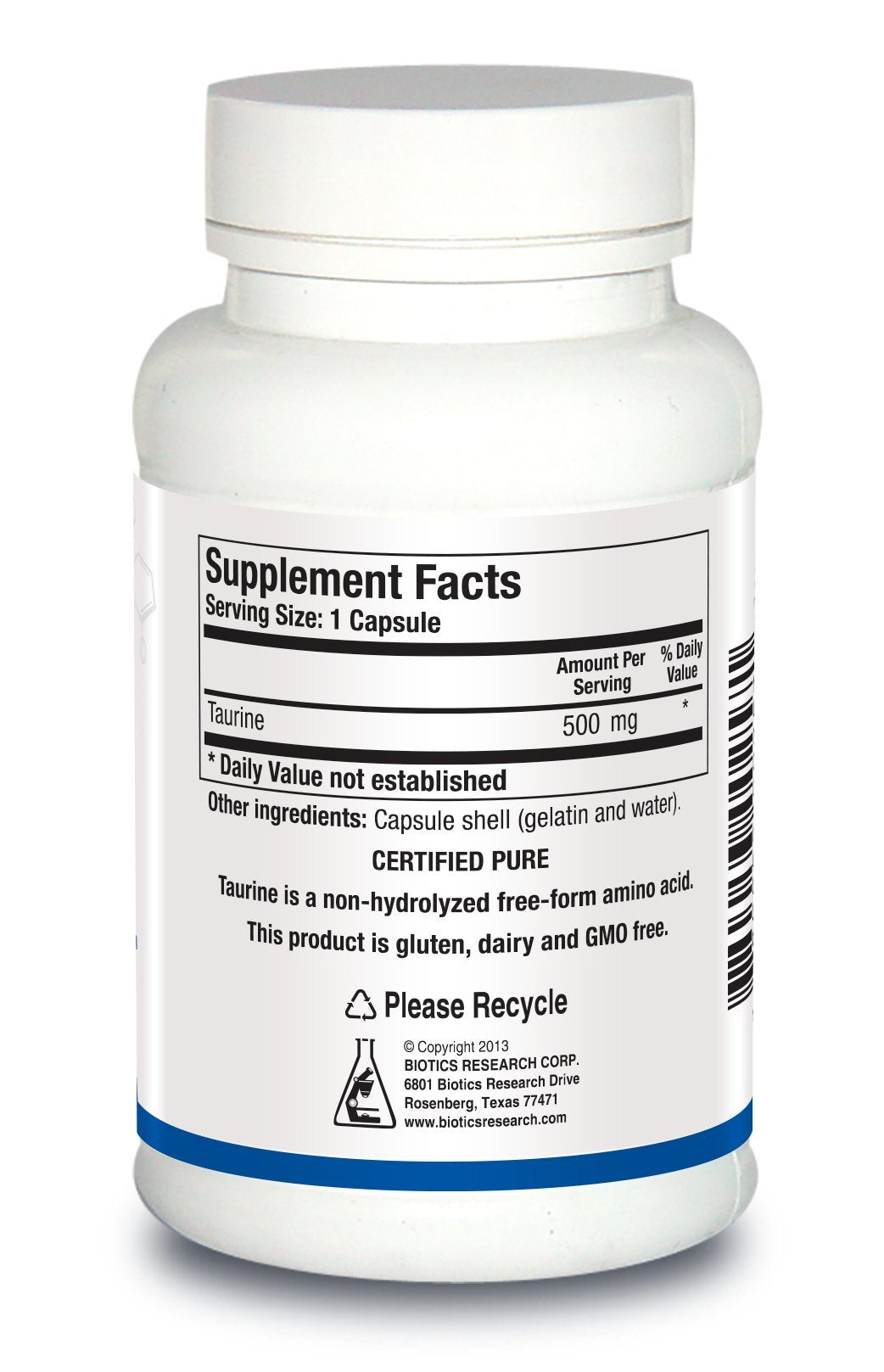 BIOTICS RESEARCH Taurine Supplement 500mg capsules side view