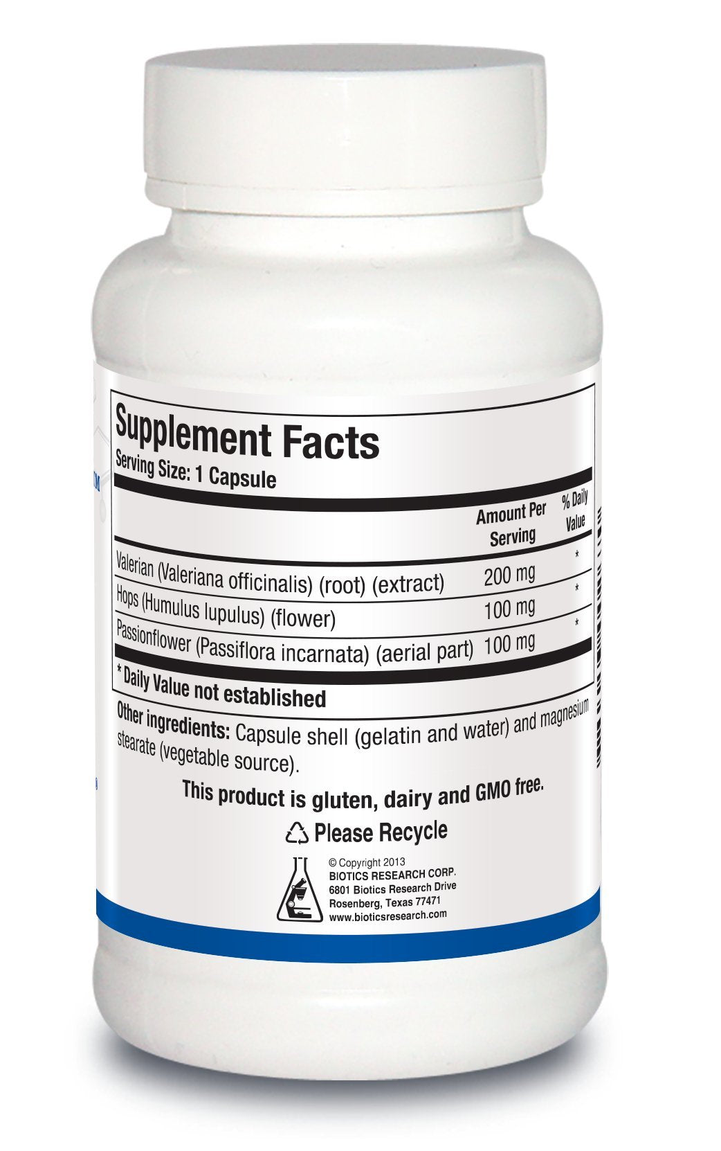 BIOTICS RESEARCH Valerian Herbal Supplement side view showing capsule