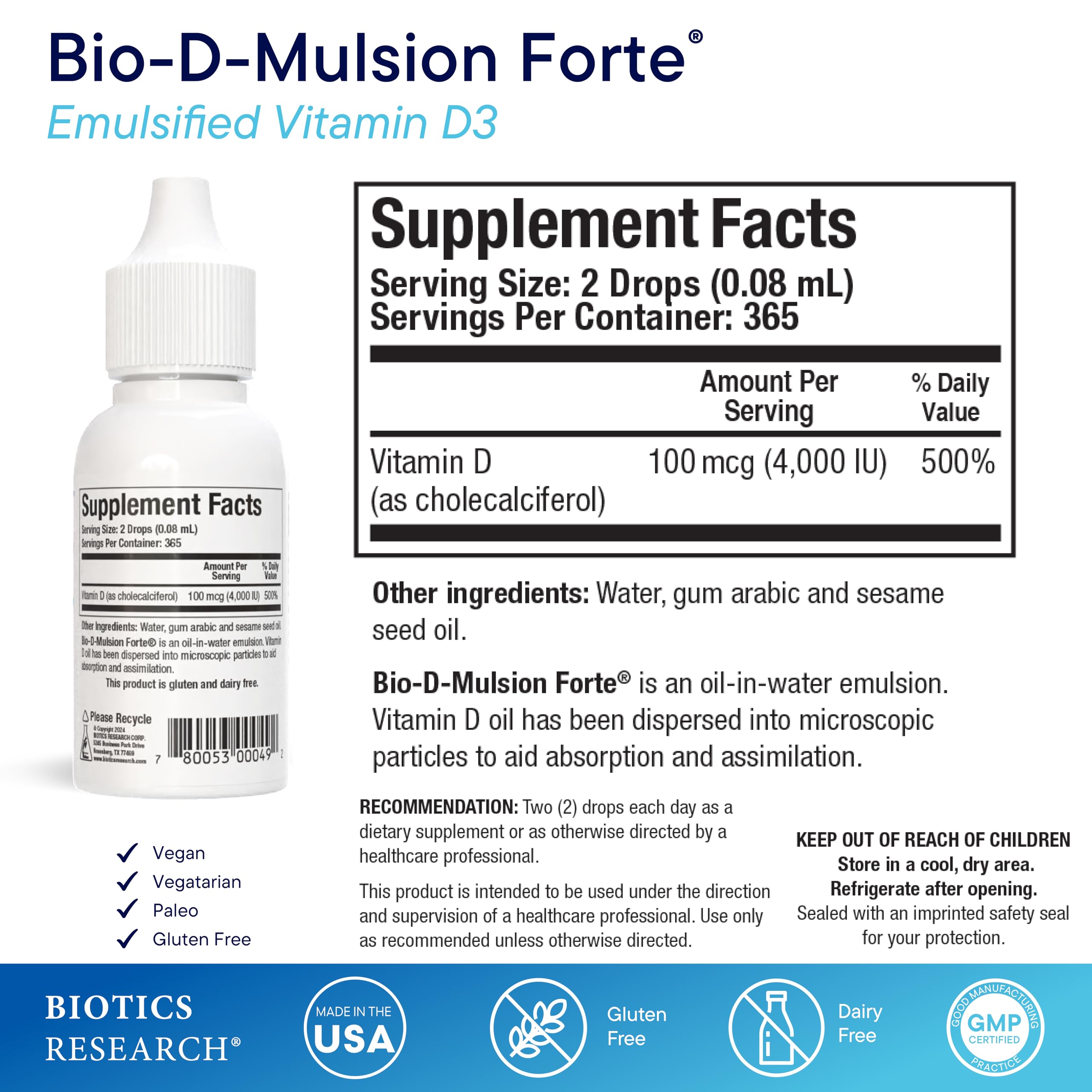 BIOTICS RESEARCH Vitamin D Supplement 28g side view