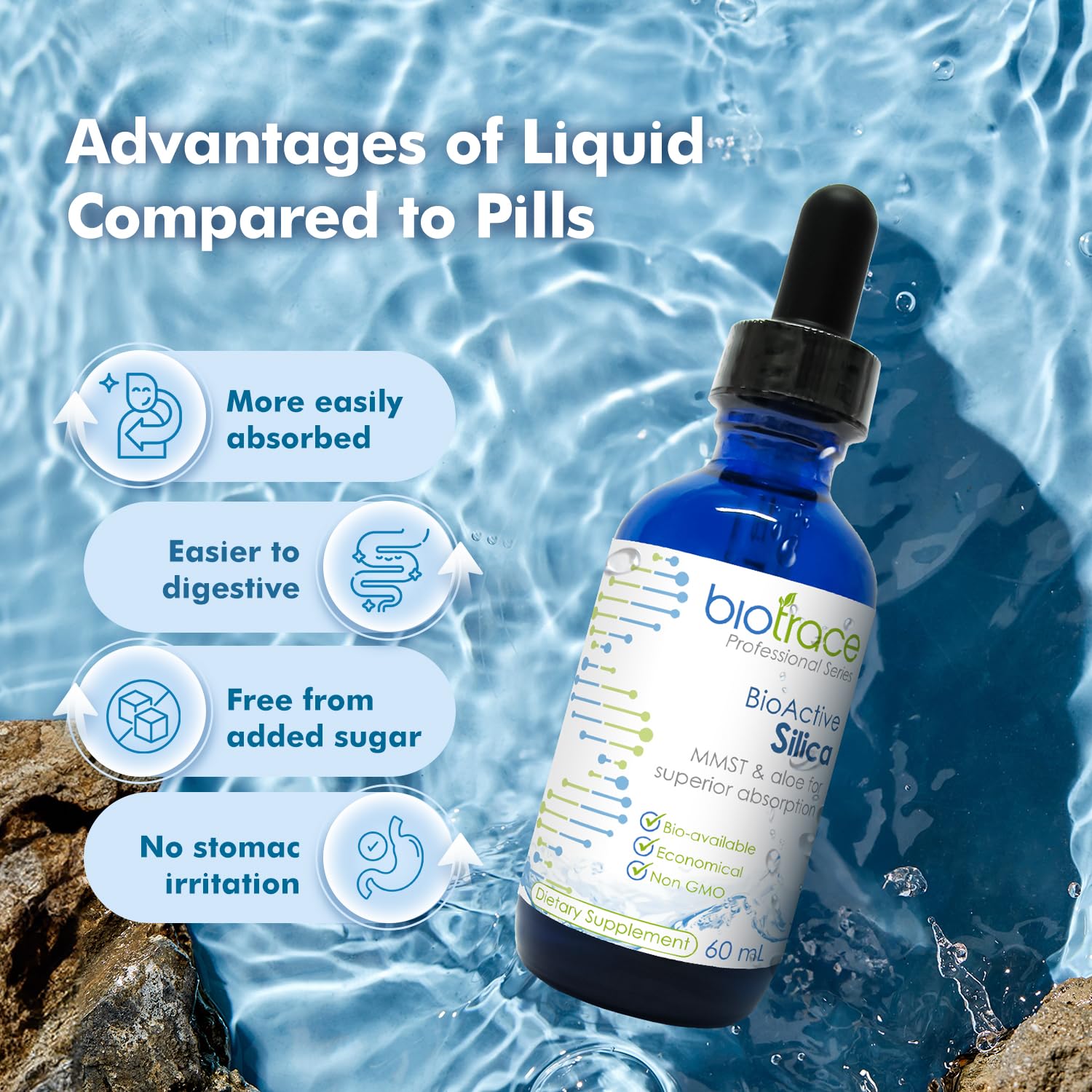 biotrace Liquid Silica Supplement 60g back view with ingredient list