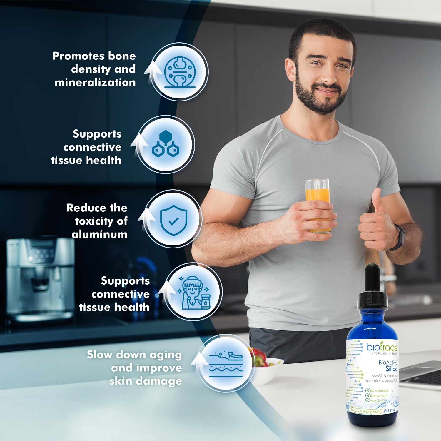 biotrace Liquid Silica Supplement 60g lifestyle scene with family