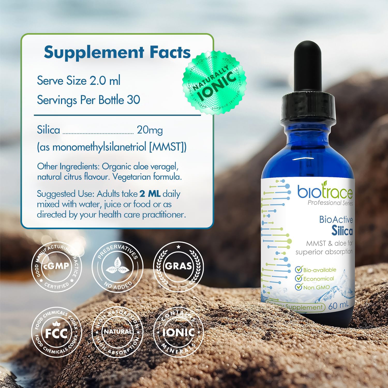 biotrace Liquid Silica Supplement 60g side view showing packaging