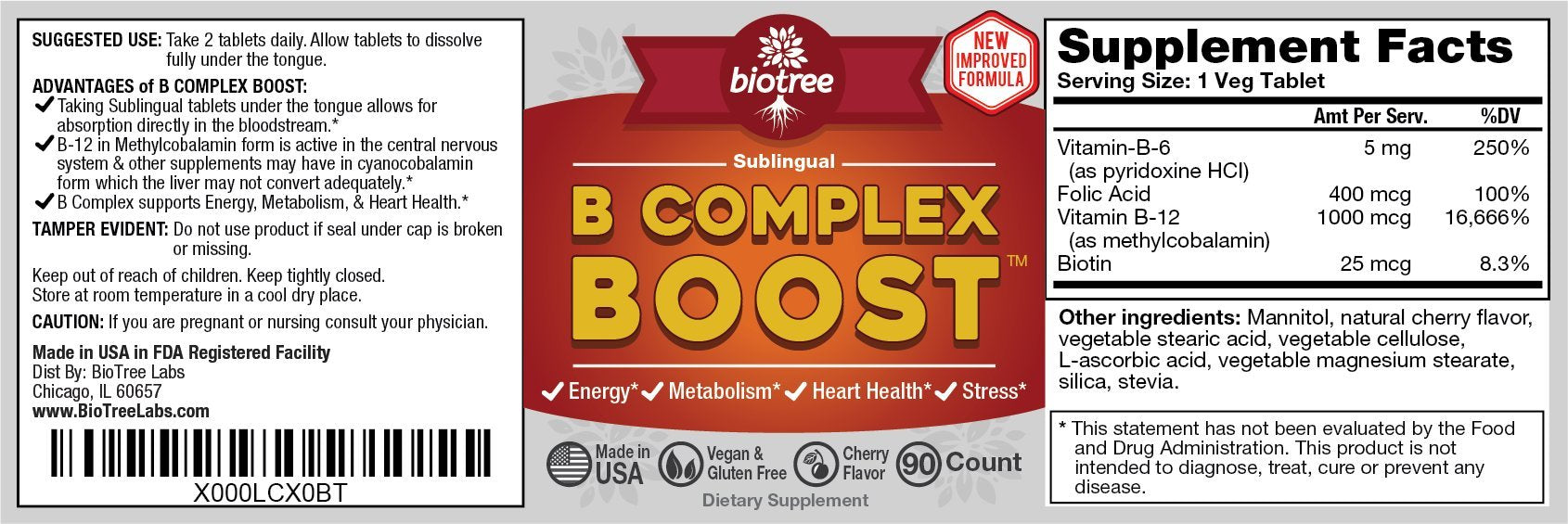 BioTree Labs B-Complex Vitamins 90 Tablets side view