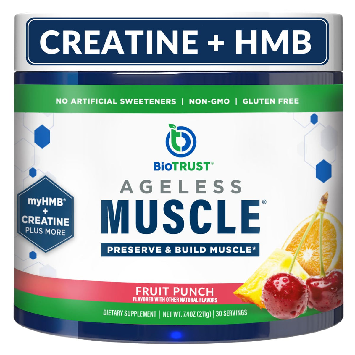 BioTrust Ageless Muscle Creatine HMB Powder 210g front view