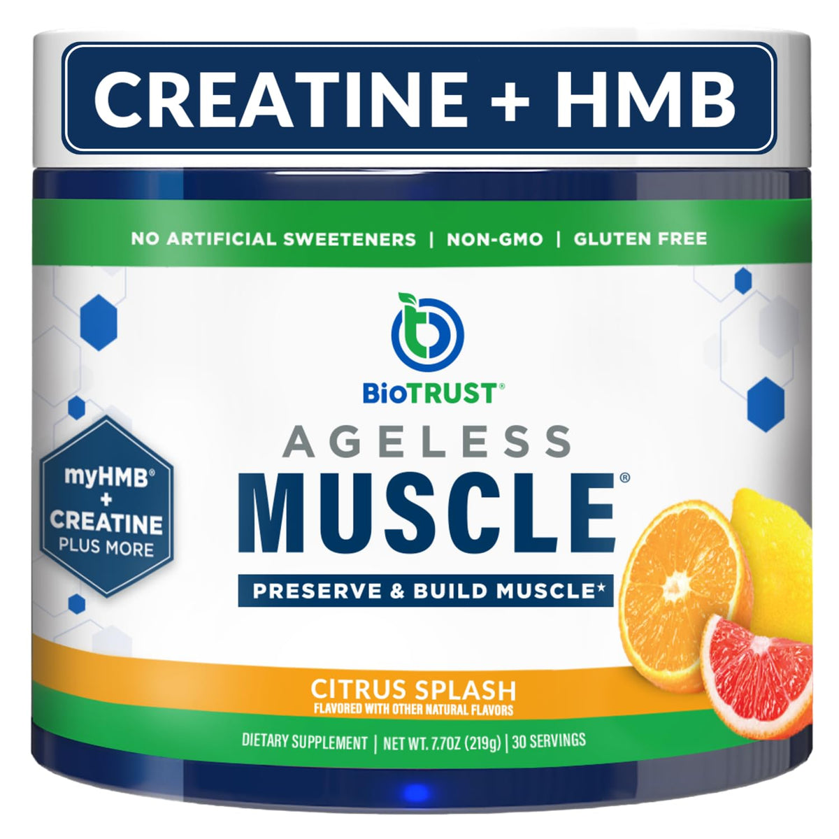 BioTrust Ageless Muscle Creatine HMB Powder 280g front view