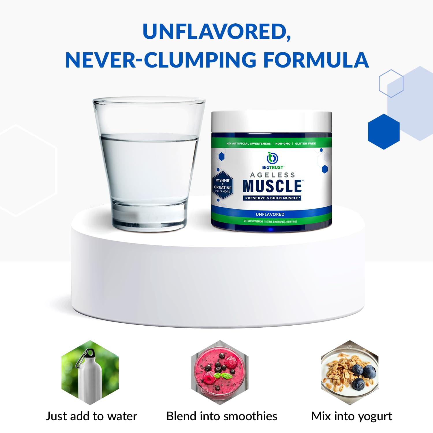 BioTrust Ageless Muscle Creatine HMB Powder in a glass of water