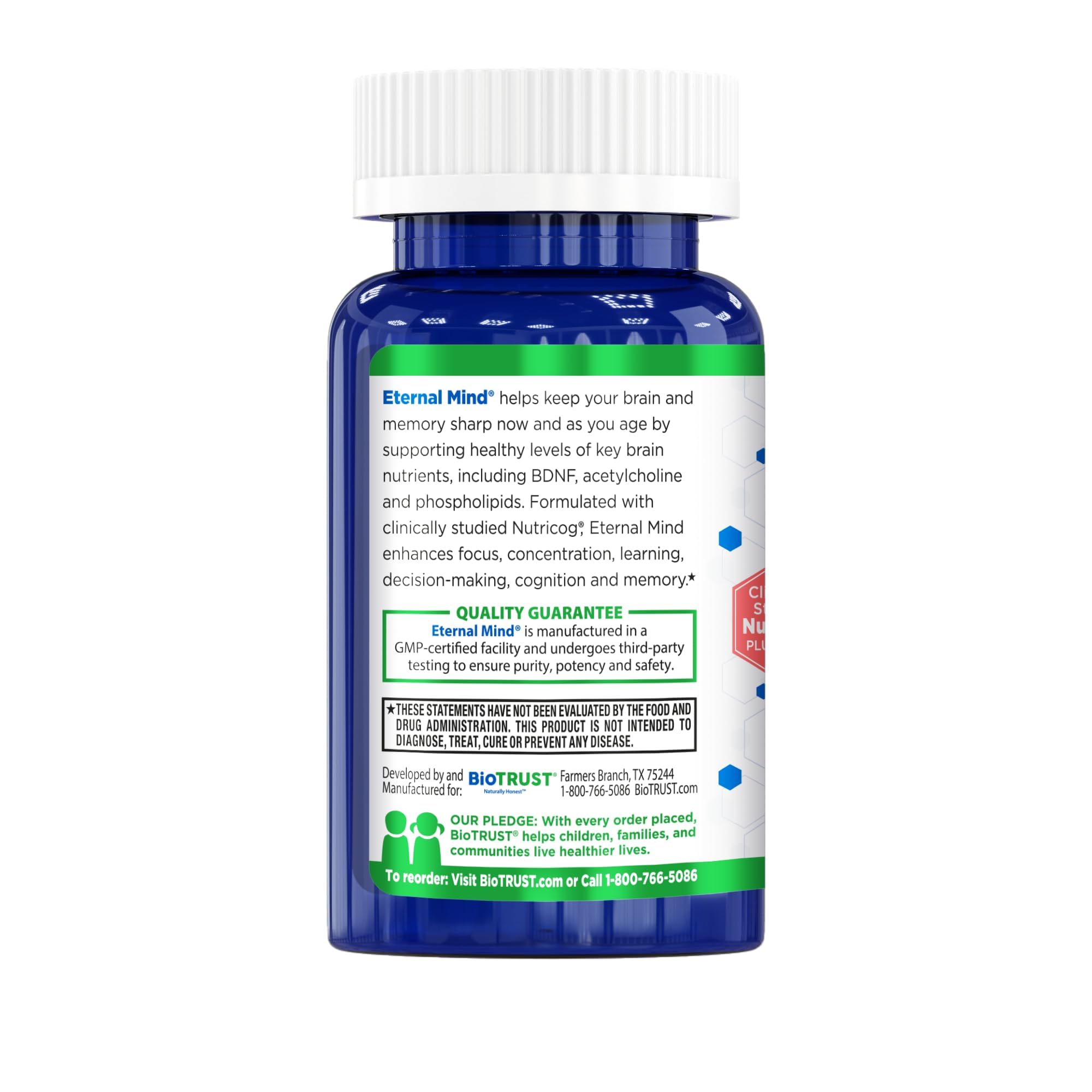 BioTrust Eternal Mind Brain Health Supplement with a glass of water