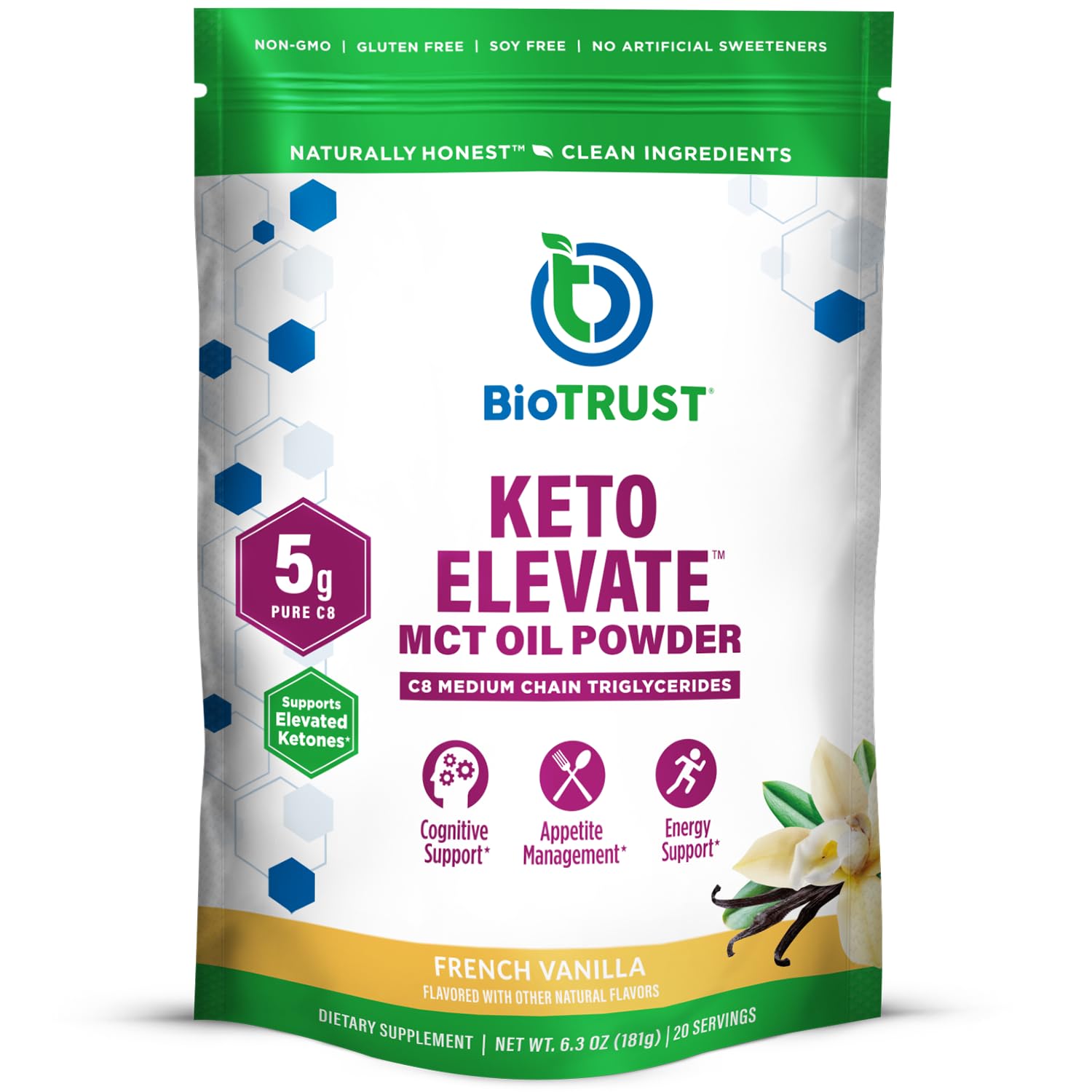 BioTrust MCT Oil 215g French Vanilla front view