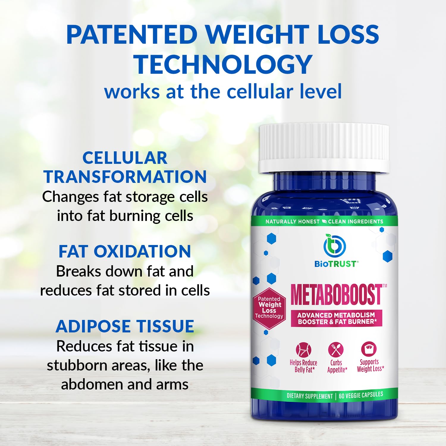 BioTrust MetaboBoost Fat Burner supplement top view