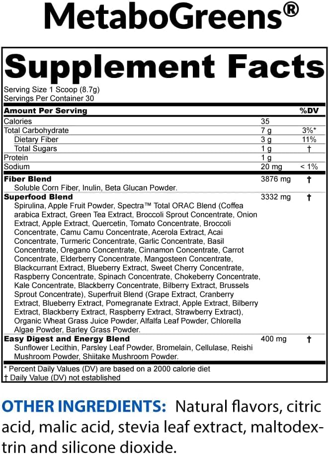 BioTrust MetaboGreens Superfood Blend 280g close-up of powder