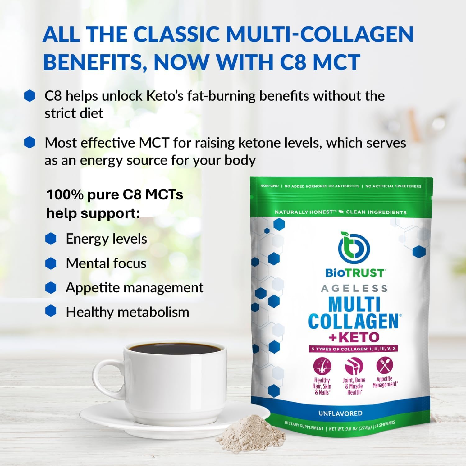 BioTrust Multi Collagen + Keto Unflavored Powder mixed in coffee