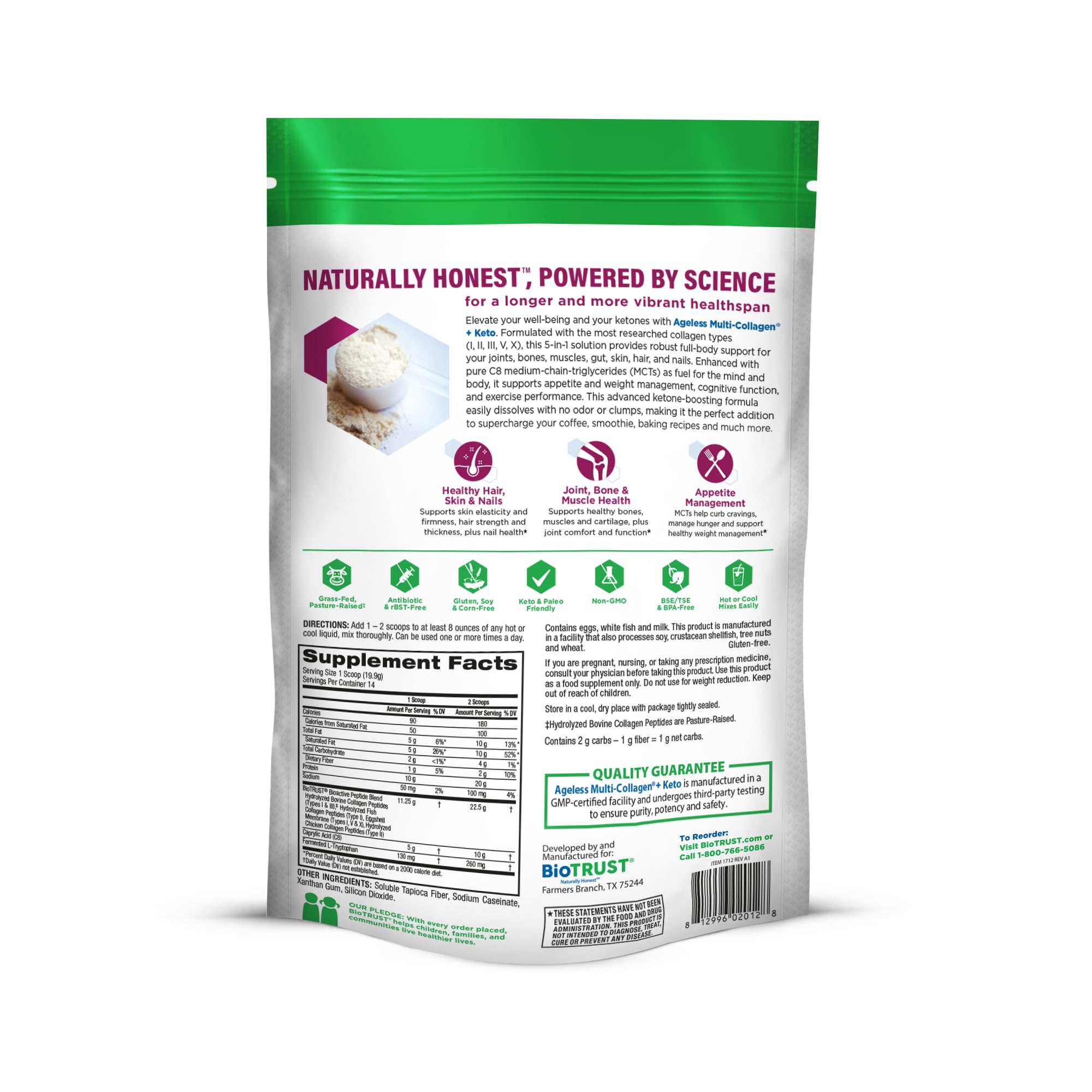 BioTrust Multi Collagen + Keto Unflavored Powder nutritional information