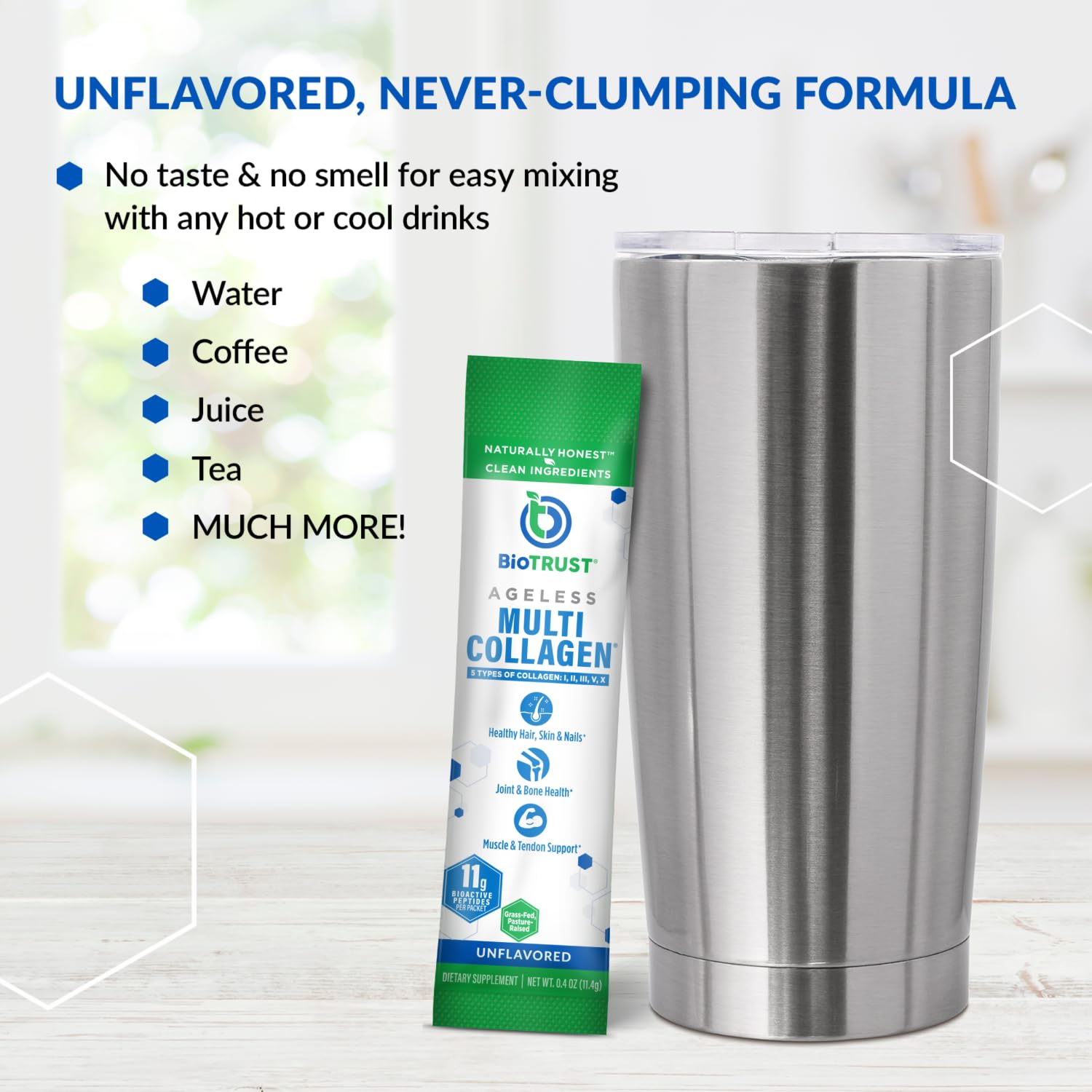 BioTrust Multi-Collagen Powder 5-IN-1 unflavoured in hot coffee