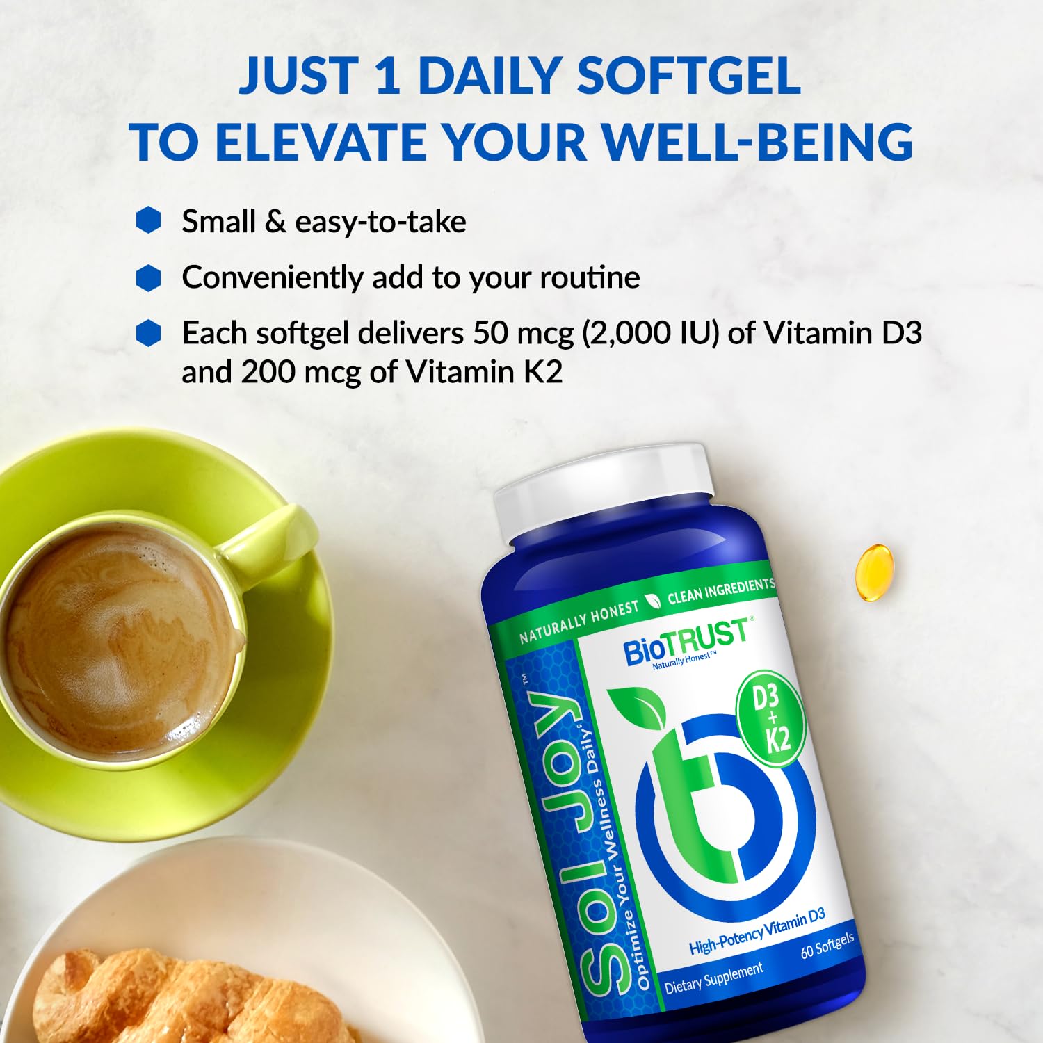BioTrust Sol Joy Vitamin D3 & K2 softgels side view