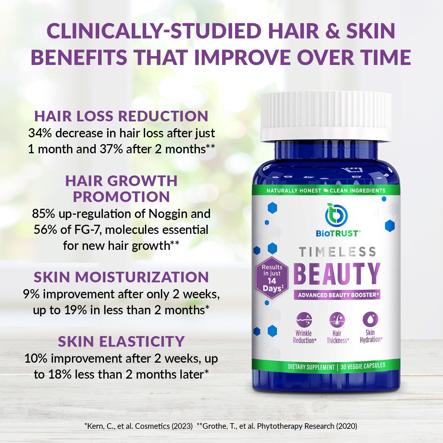 BioTrust Timeless Beauty Supplement on a wooden table
