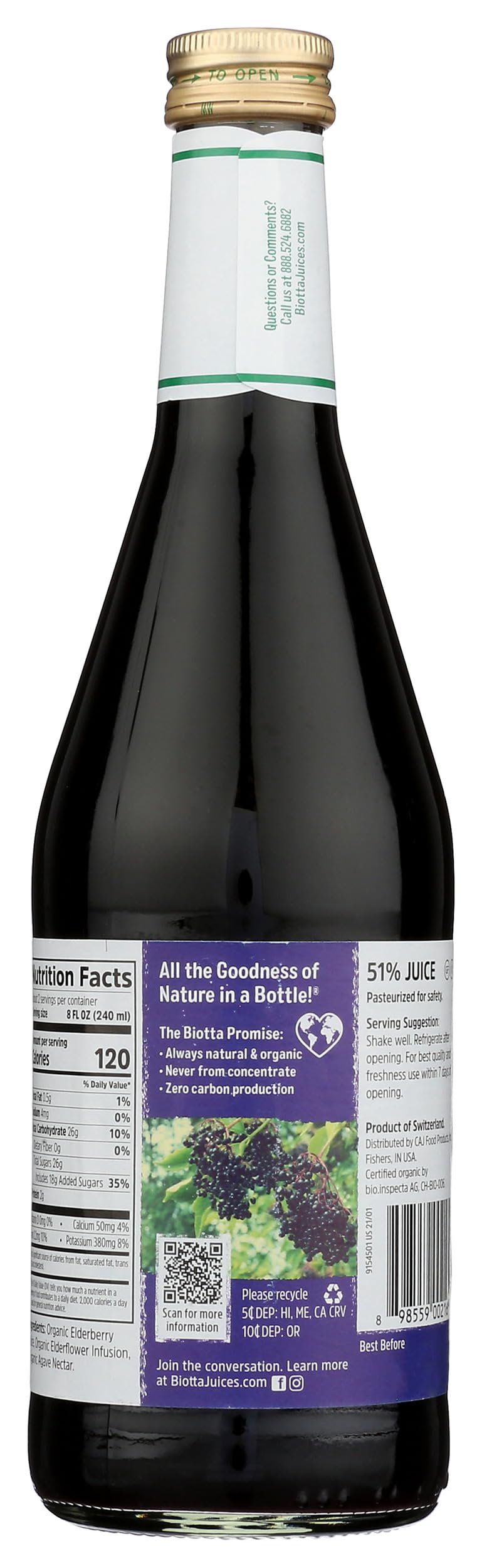 Biotta Elderberry Juice 479g back view with ingredients