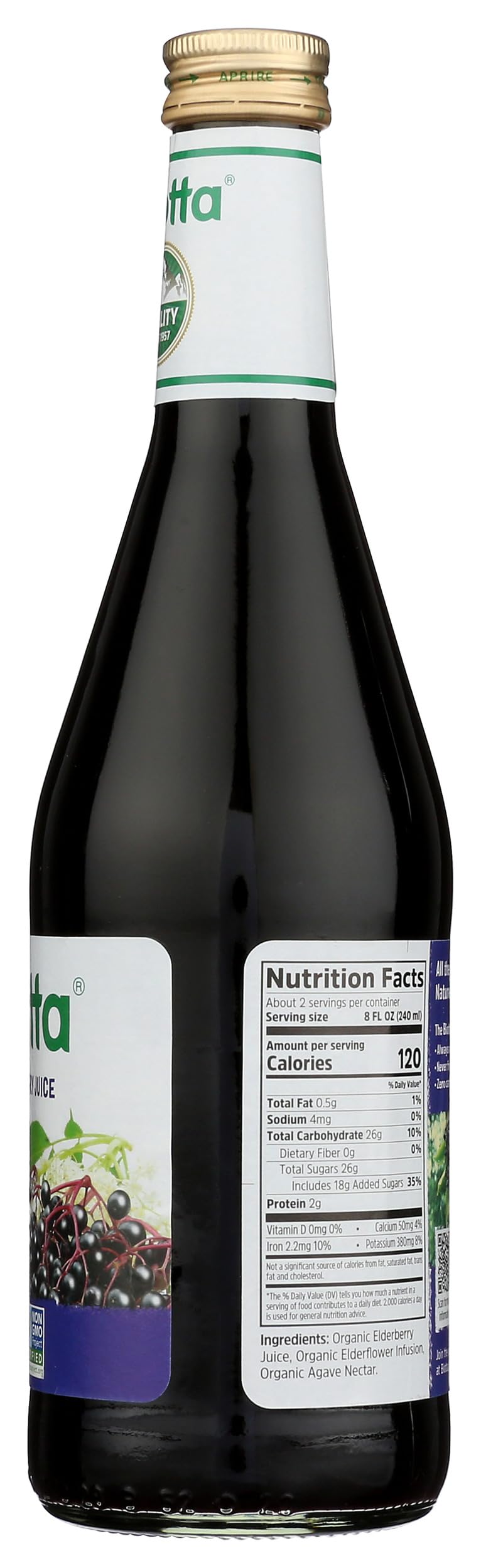 Biotta Elderberry Juice 479g close-up of the bottle