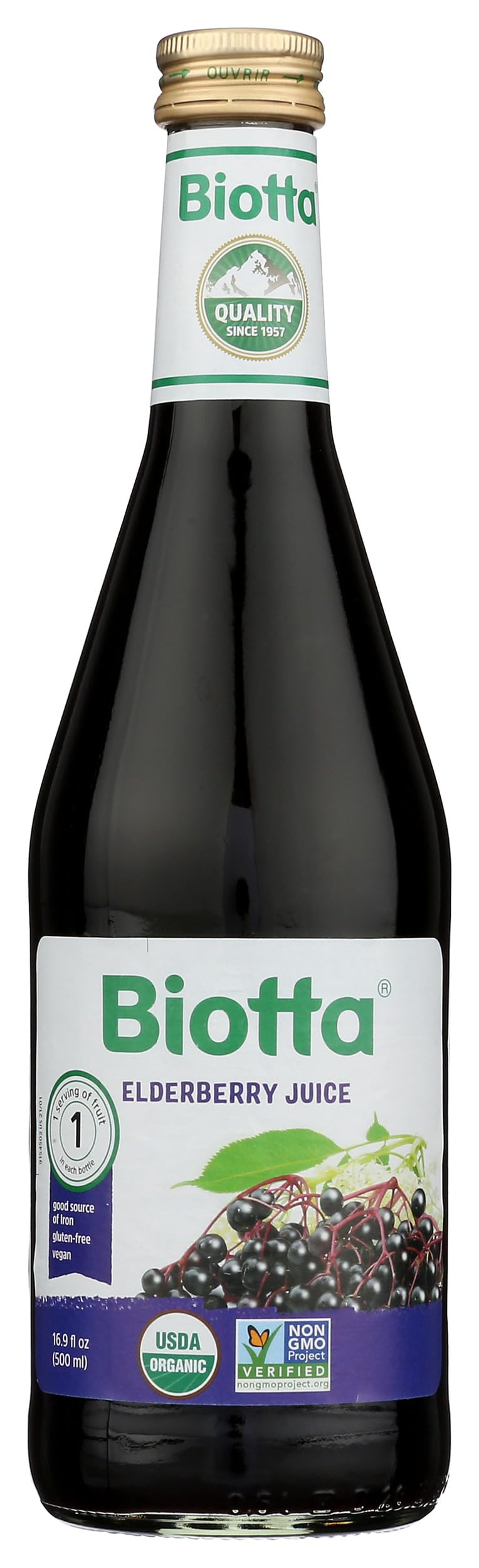 Biotta Elderberry Juice 479g front view with packaging