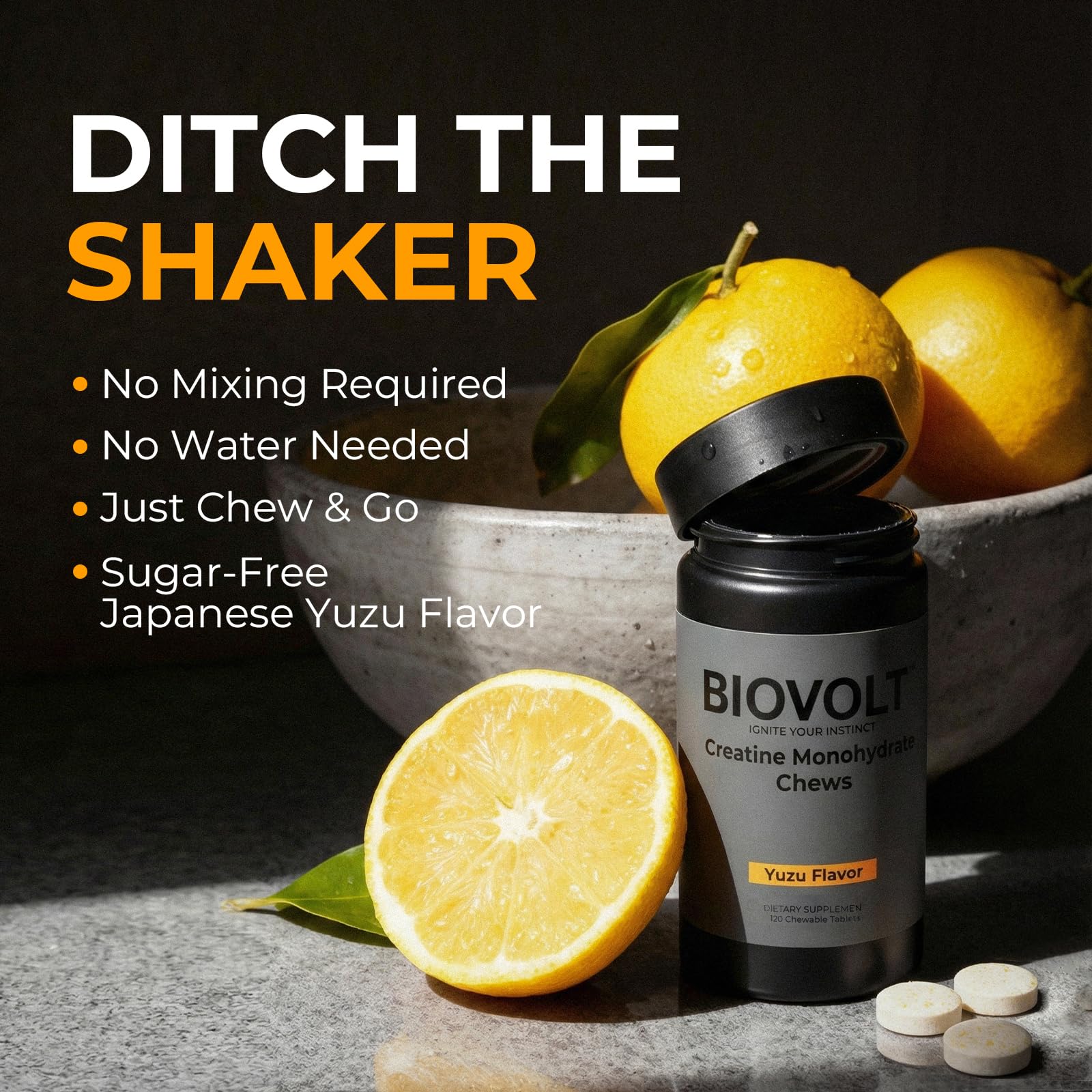 BIOVOLT Creatine Monohydrate chewable tablets in hand