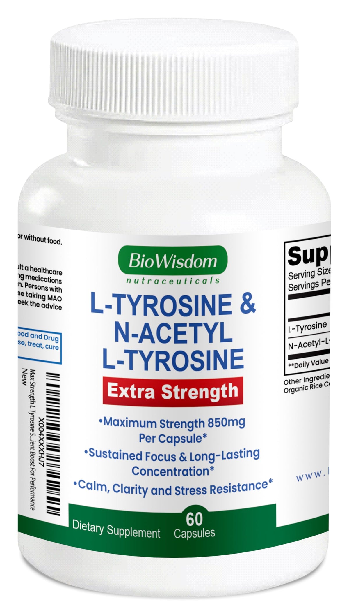 BioWisdom Nutraceuticals L-Tyrosine & N-Acetyl L-Tyrosine Capsules front view