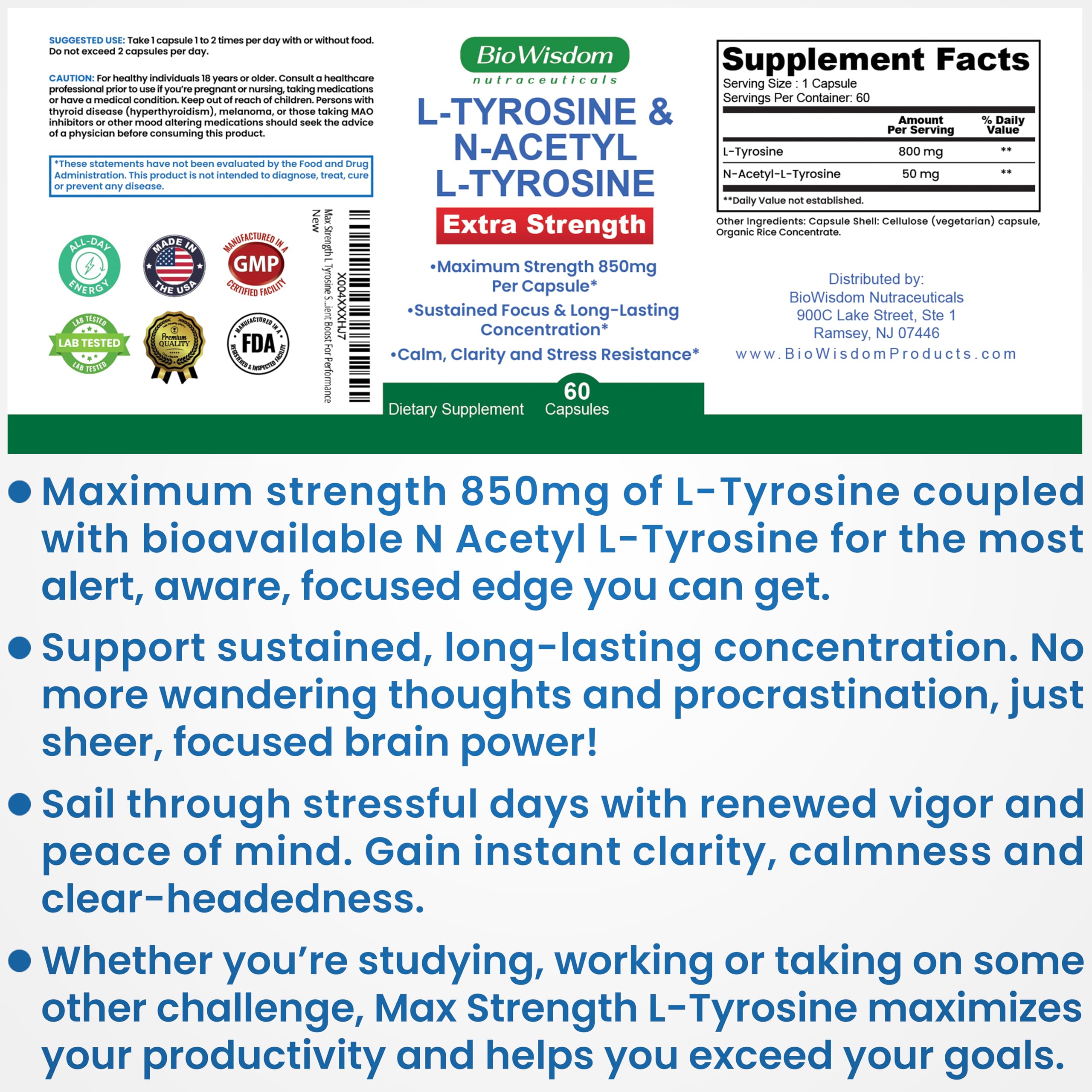 BioWisdom Nutraceuticals L-Tyrosine & N-Acetyl L-Tyrosine Capsules on table
