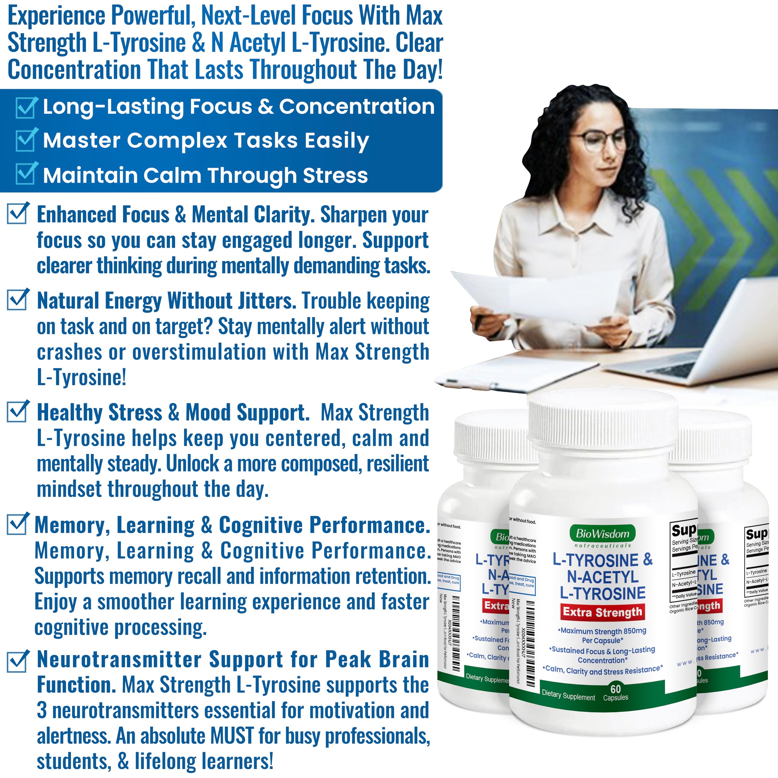 BioWisdom Nutraceuticals L-Tyrosine & N-Acetyl L-Tyrosine Capsules with bottle