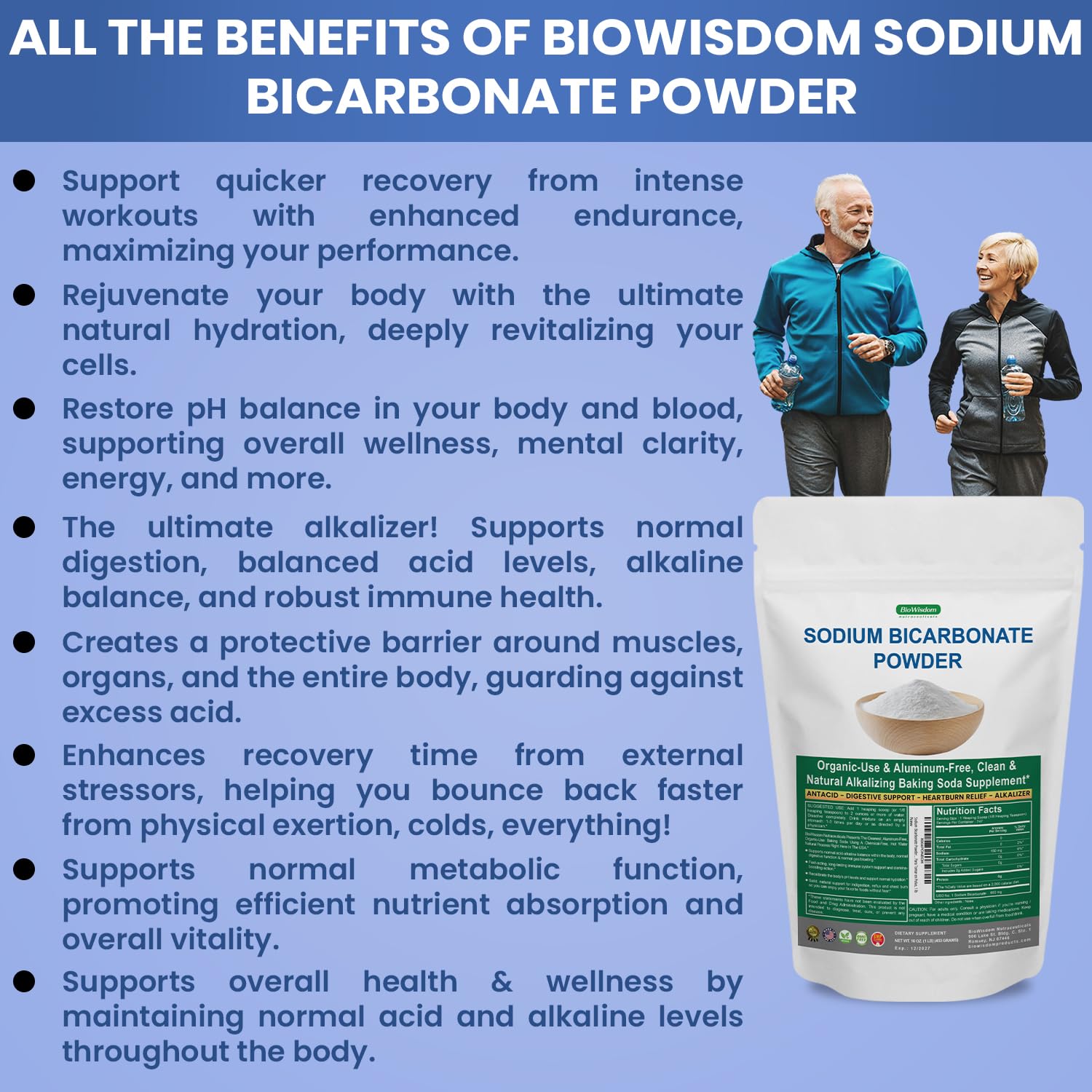 BioWisdom Nutraceuticals Sodium Bicarbonate Powder back view with nutritional information