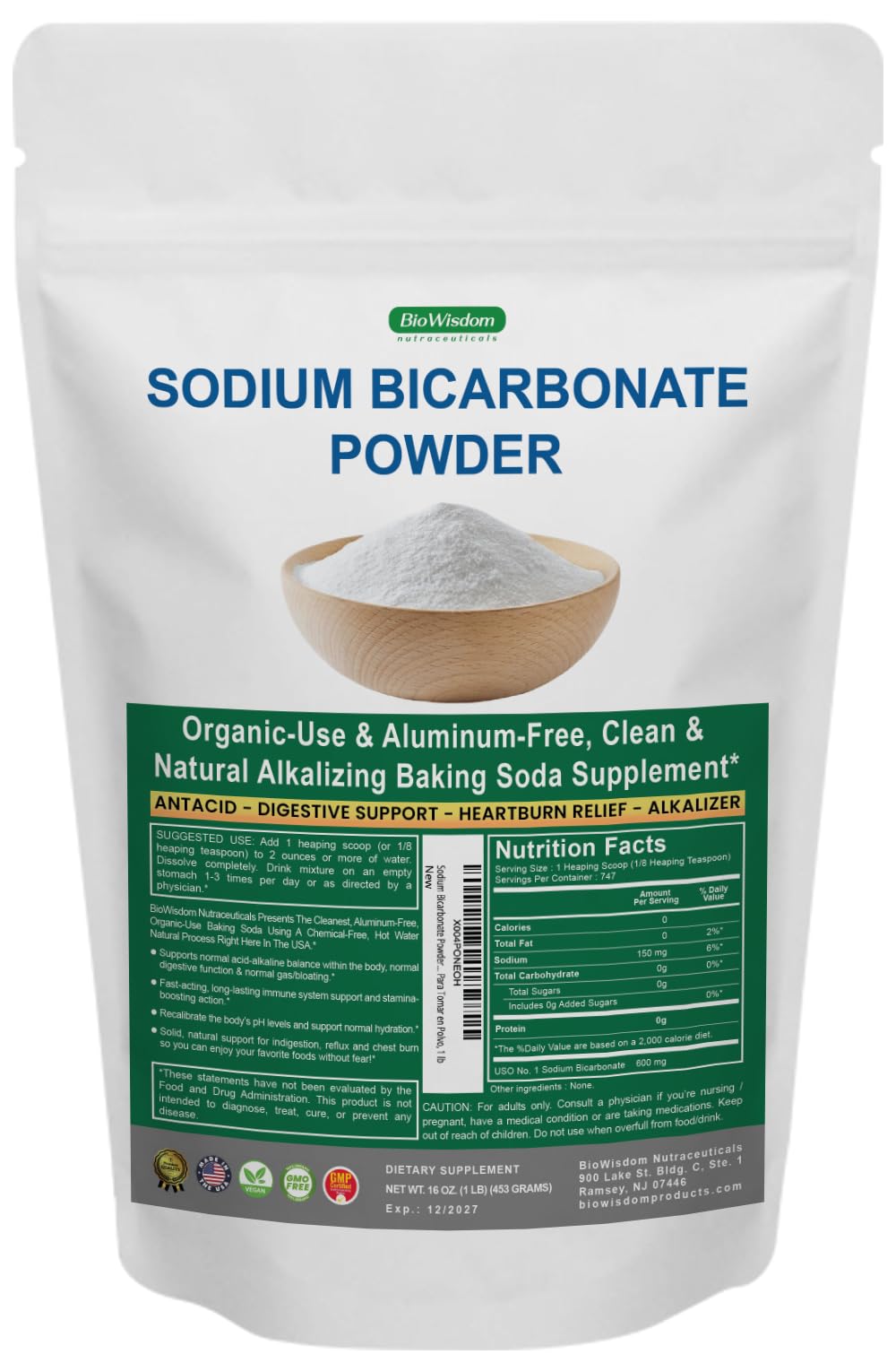 BioWisdom Nutraceuticals Sodium Bicarbonate Powder front view in resealable bag