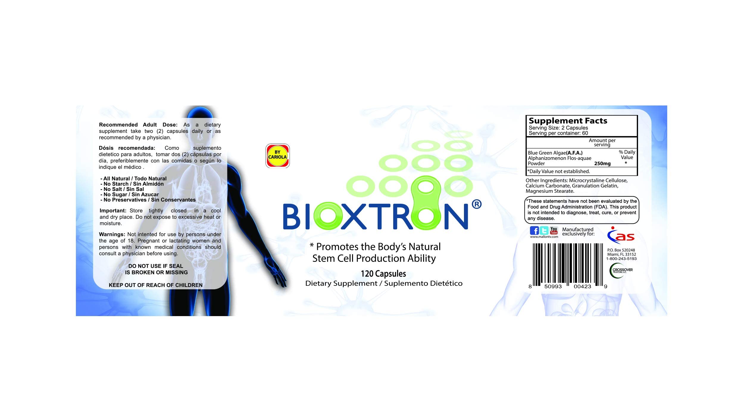 Bioxtron Spirulina Capsules side view showing label details