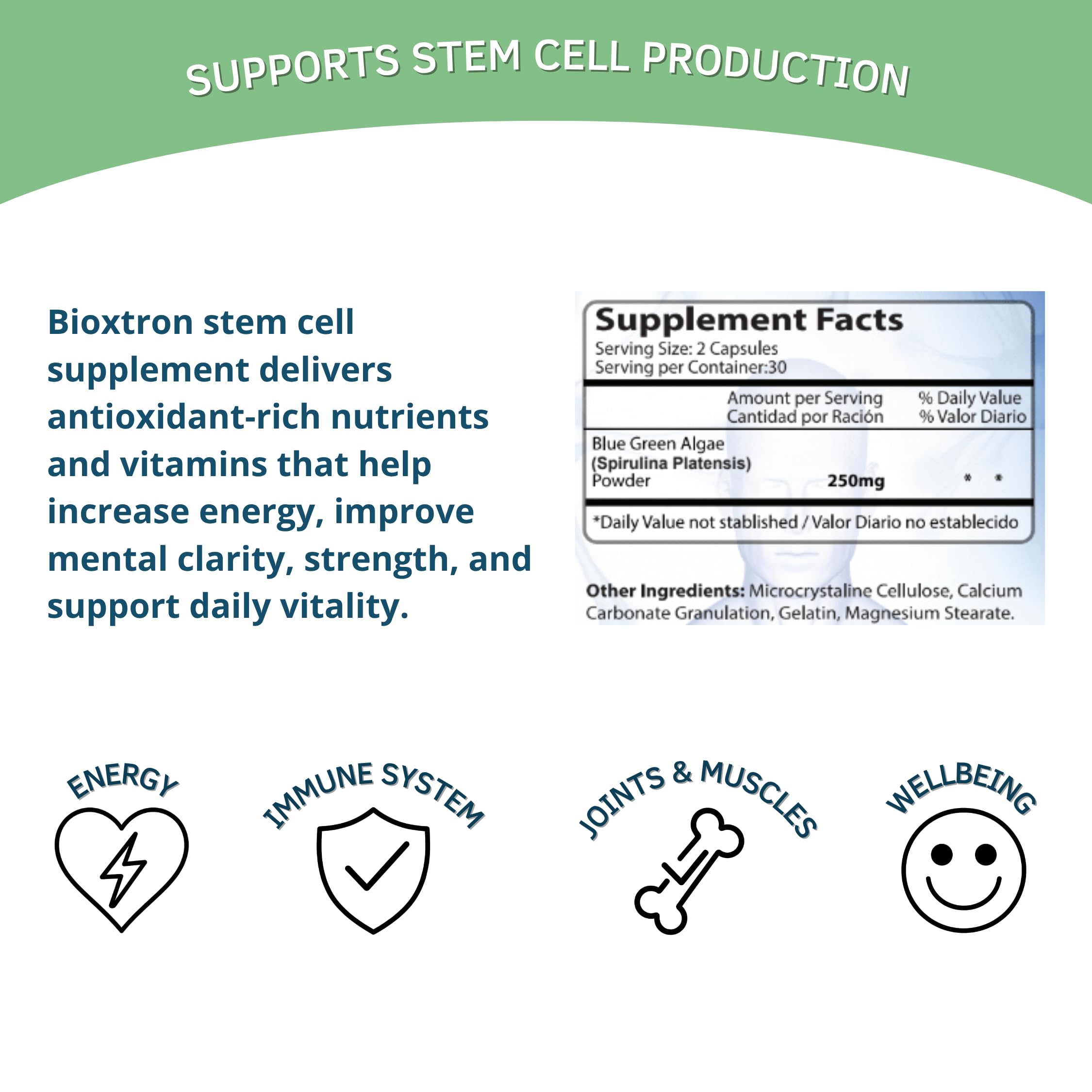 Bioxtron Stem Cell Support Supplement 70g capsules on a wooden table