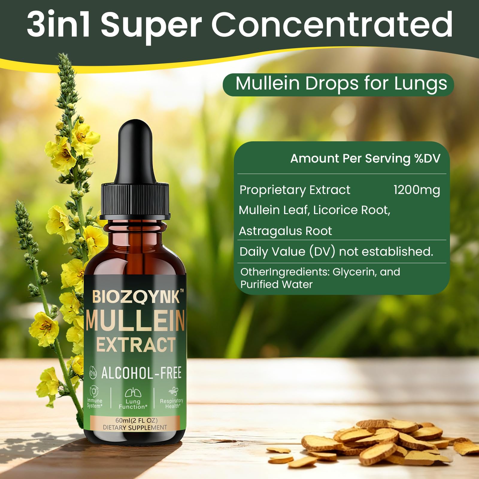 BIOZQYNK Mullein Leaf Liquid Extract 141g bottle with cap