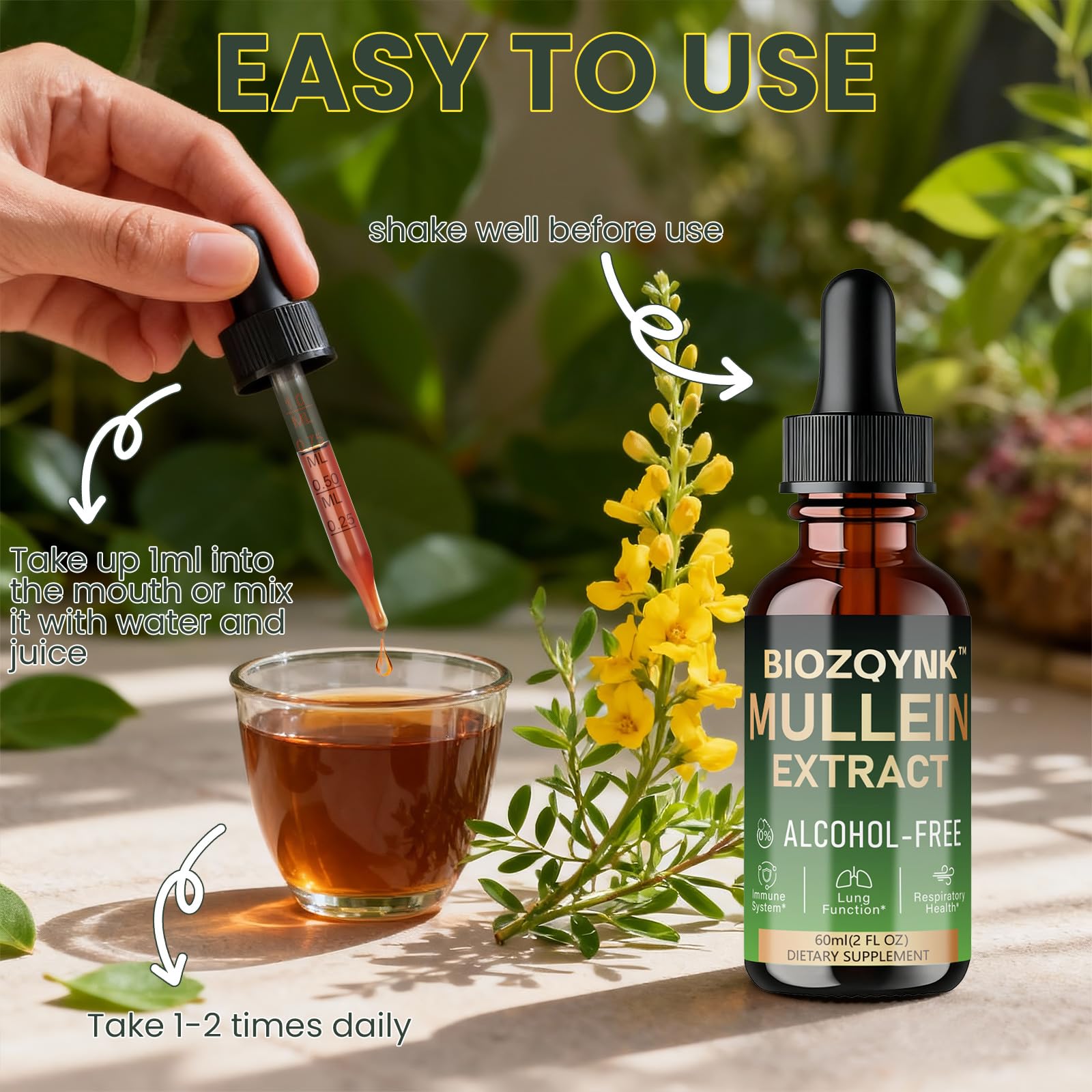 BIOZQYNK Mullein Leaf Liquid Extract 141g in a glass of water