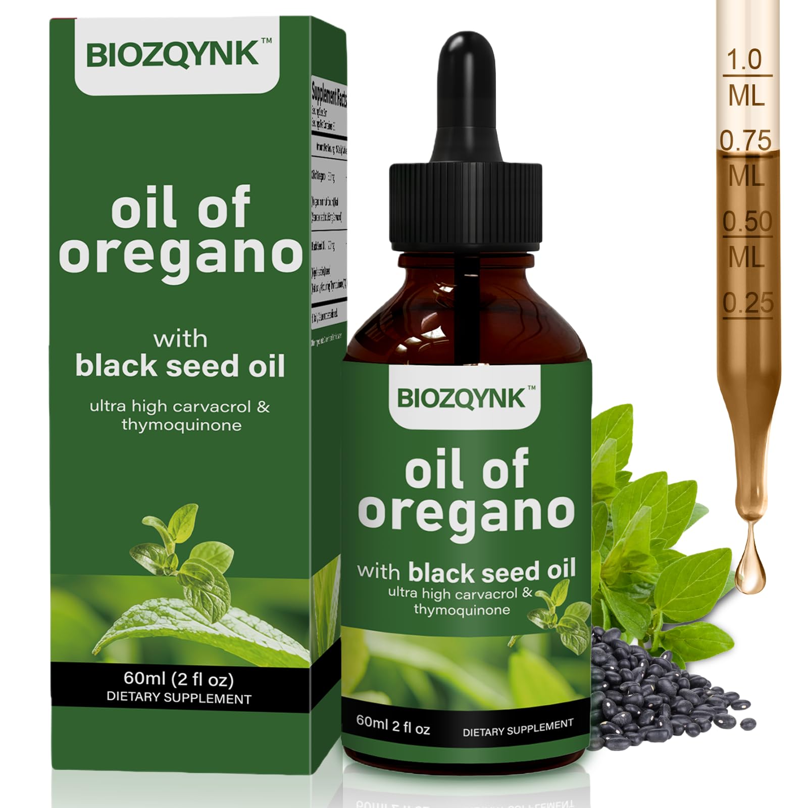 BIOZQYNK Oregano Oil & Black Seed Oil Liquid Supplement front view