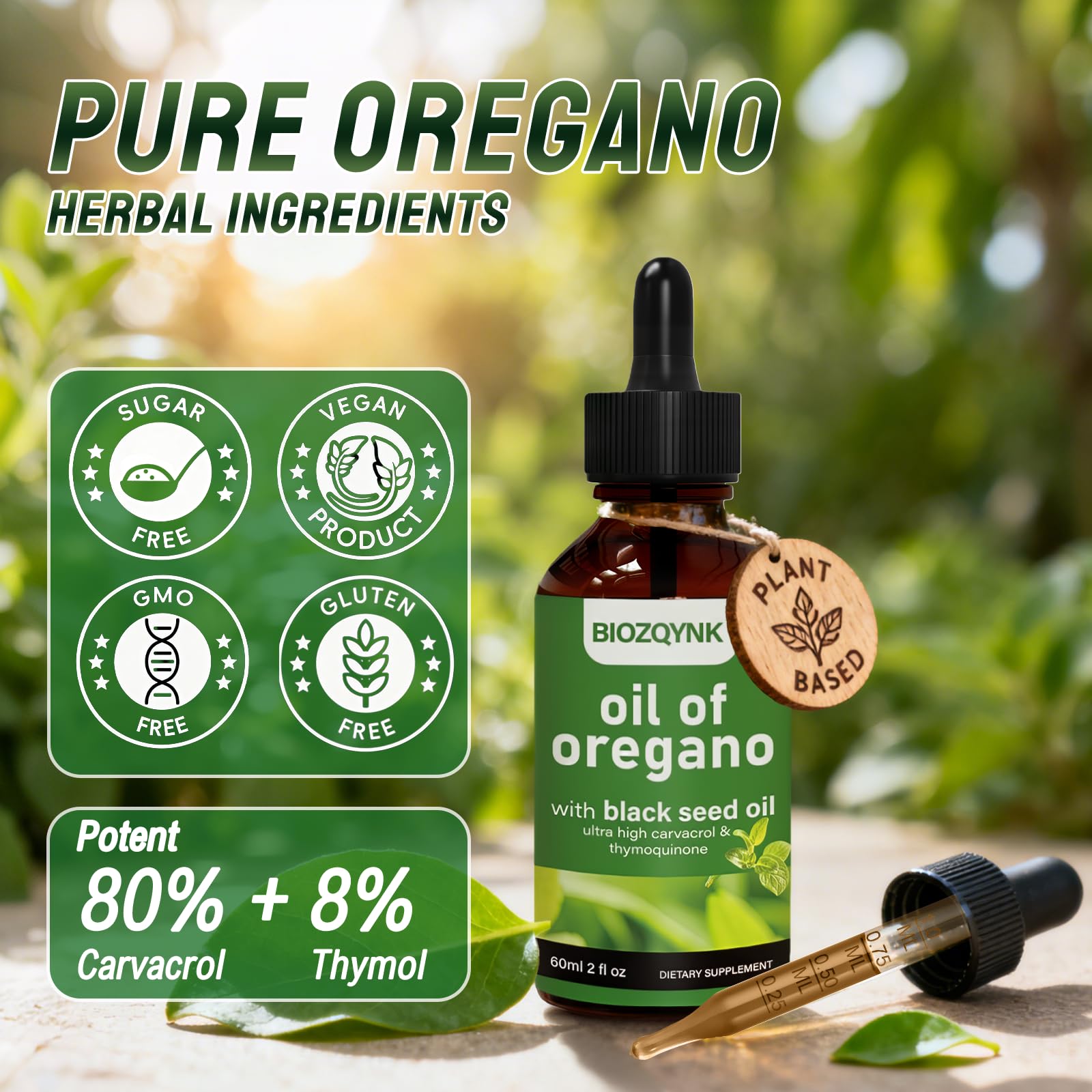 BIOZQYNK Oregano Oil & Black Seed Oil Liquid Supplement side view