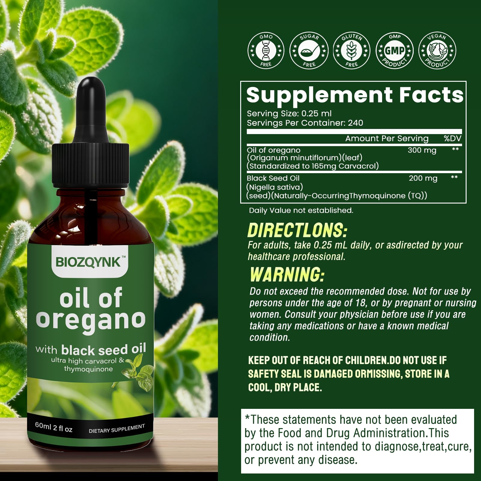 BIOZQYNK Oregano Oil & Black Seed Oil Liquid Supplement with water