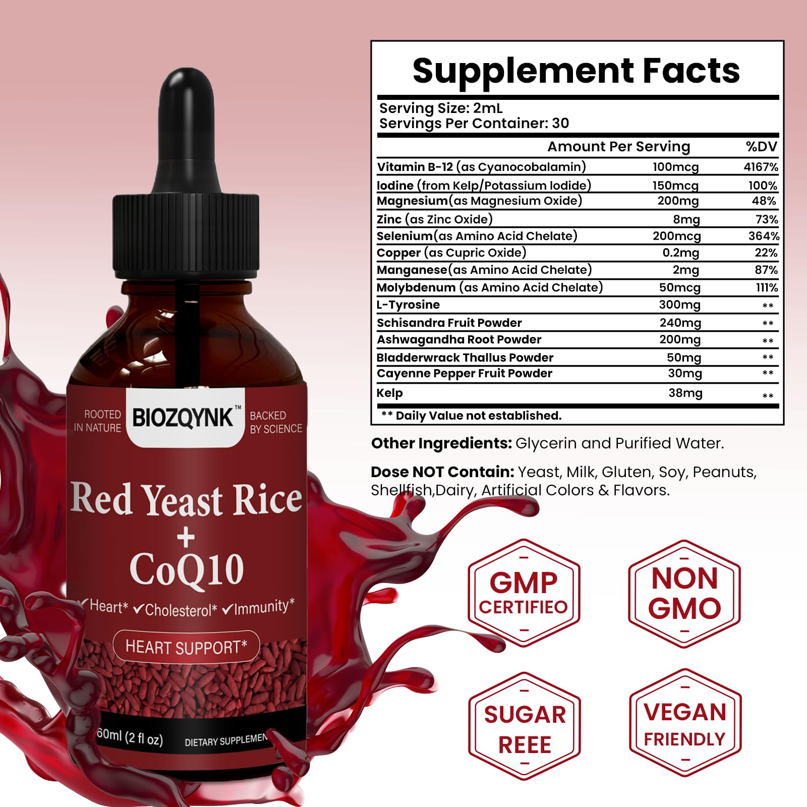 BIOZQYNK Red Yeast Rice Liquid Drops 30ml bottle side view