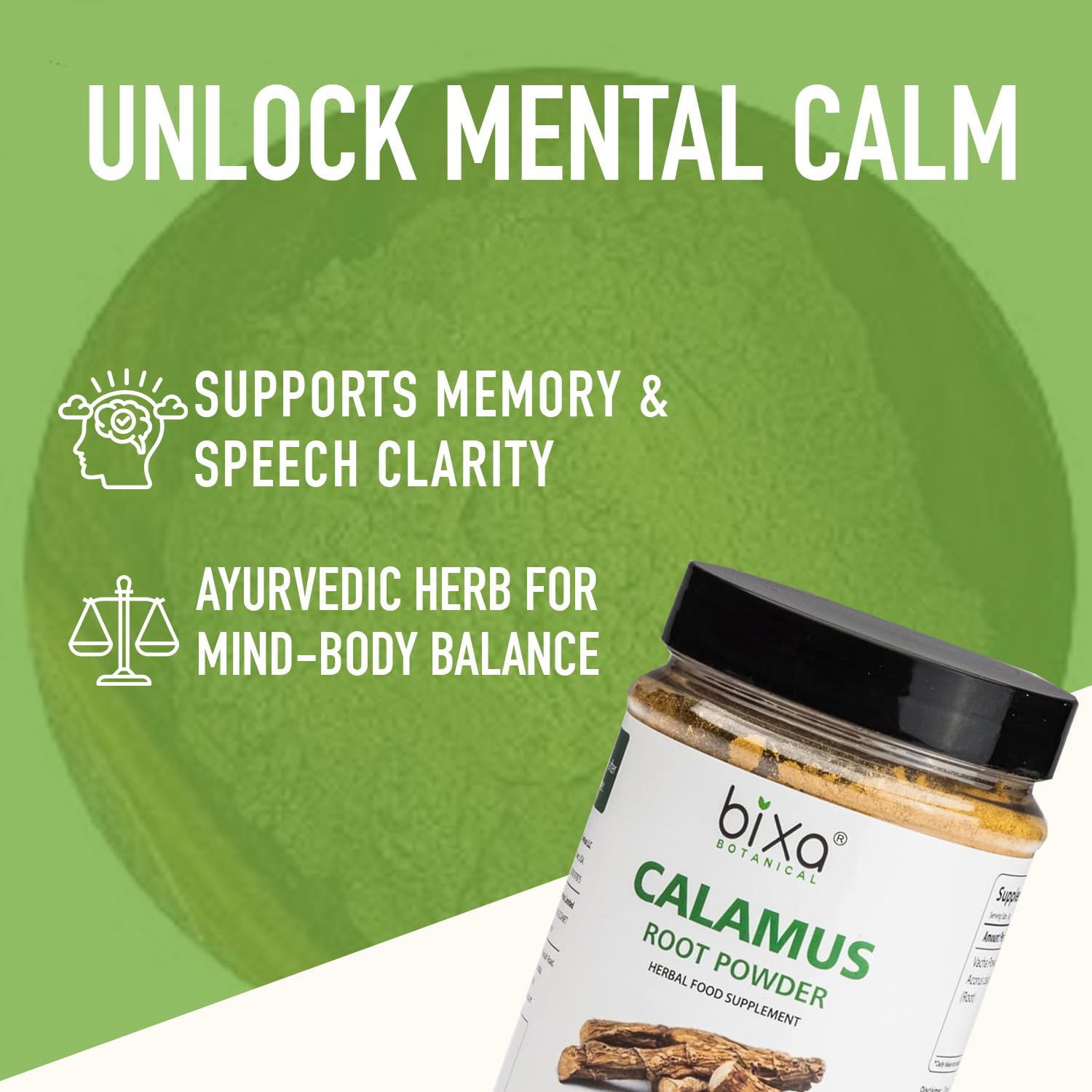 bixa BOTANICAL Calamus Root Powder in a glass of water