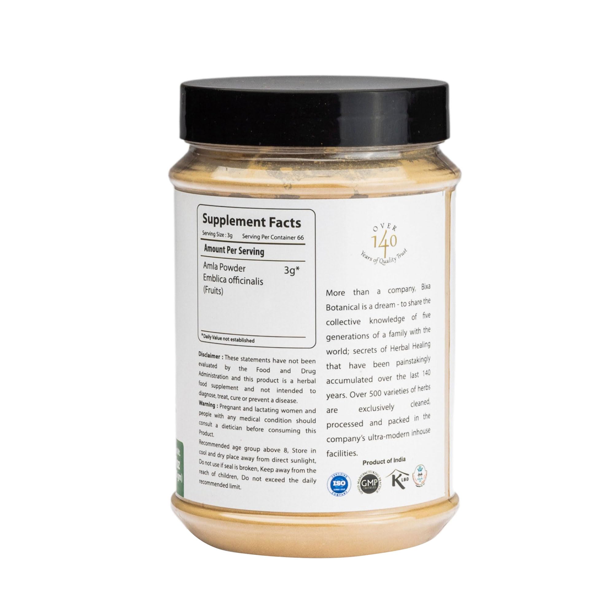 bixa BOTANICAL Pure Amla Powder packaging side view