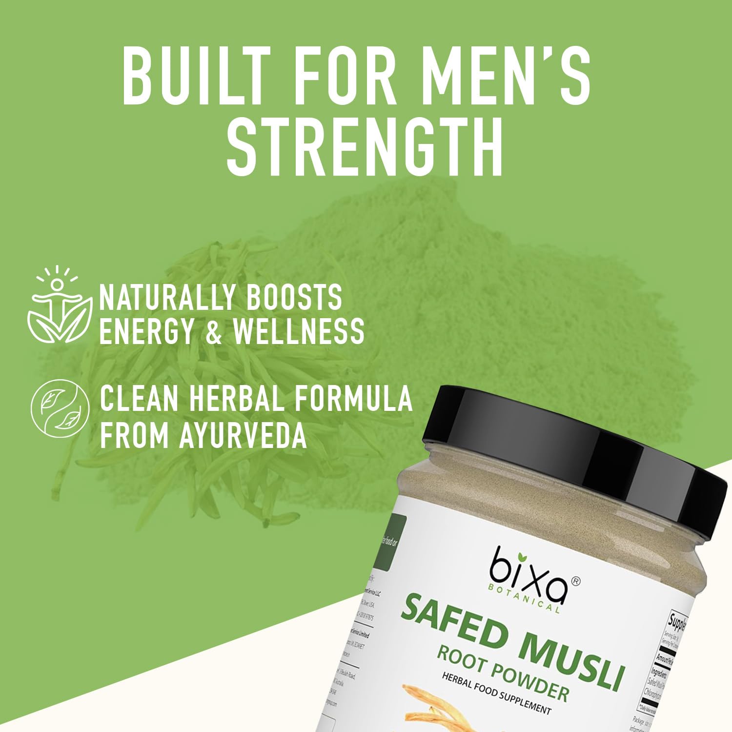 bixa BOTANICAL Safed Musli Powder scoop with powder